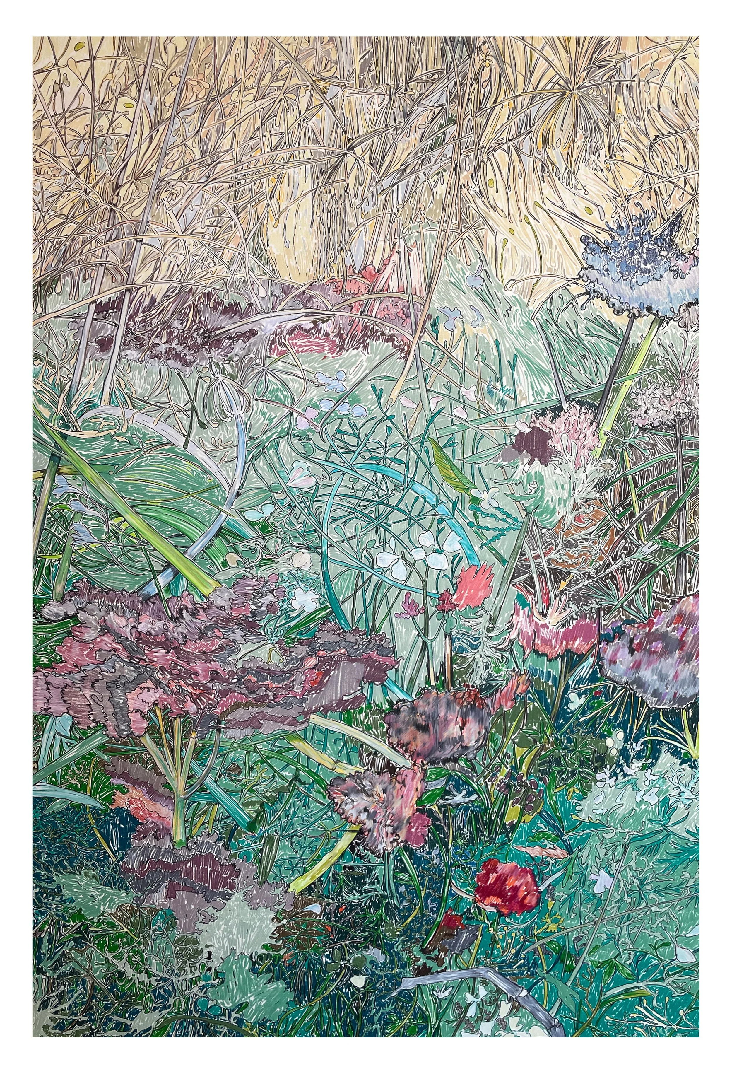 “The first of fall (depiction of a garden in Weil am Rhein during Fall)” (2024)
Permanent colored pencil on pure cotton hot pressed Arches watercolor paper (356g/m2)
Dim.: 90x132cm