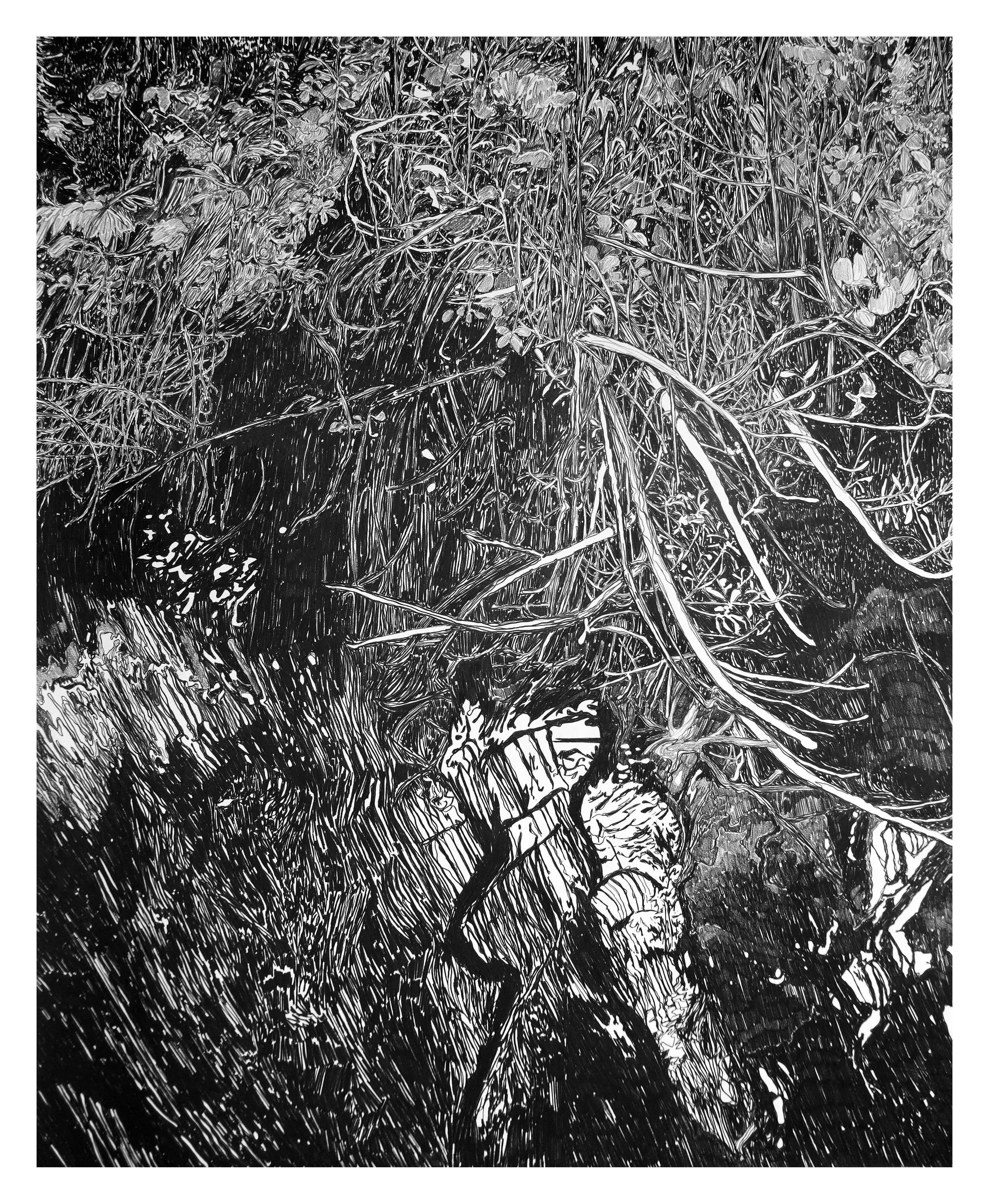 “In the park, near the ducks” (2024) Black permanent colored pencil on pure cotton hot pressed Arches watercolor paper (356g/m2) Dim.: 108x131,5cm