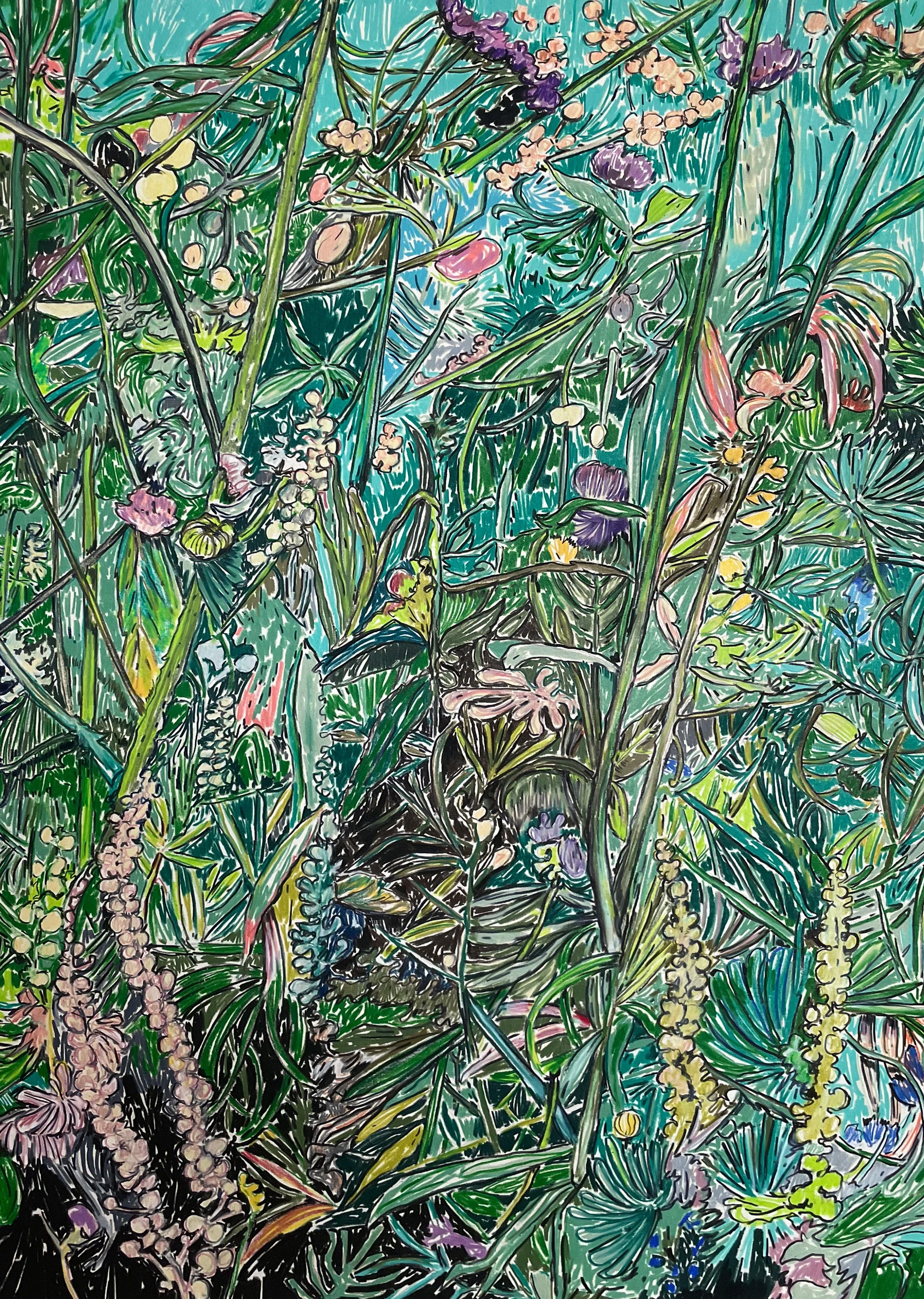 “Depiction of a garden in Weil am Rhein during summer (III)” (2023)
Permanent colored pencil on cold pressed Velin Arches paper (160g/m2)
Dim.: 50x65cm