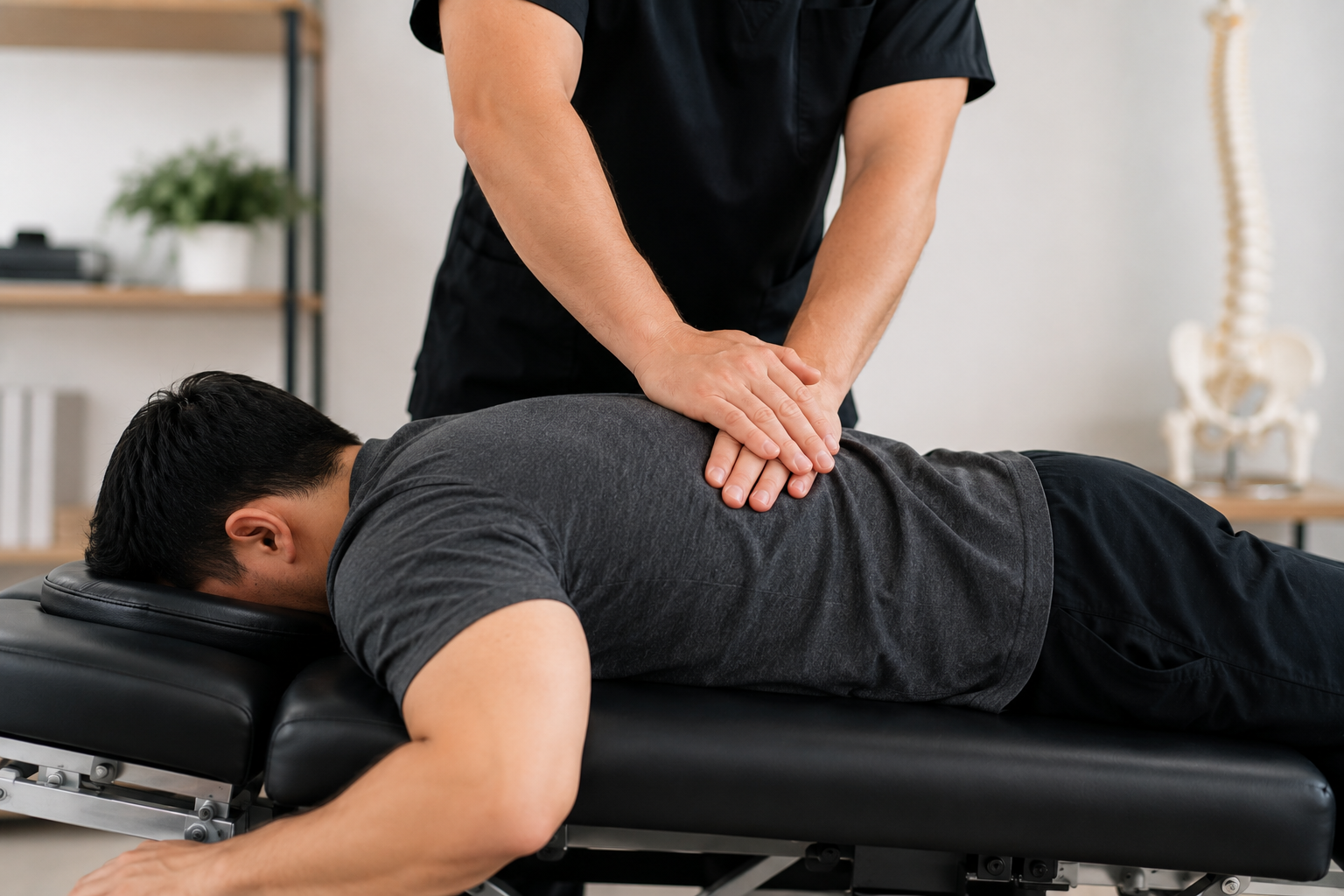 Chiropractor performing an adjustment on a male patient's back in a clinic.
