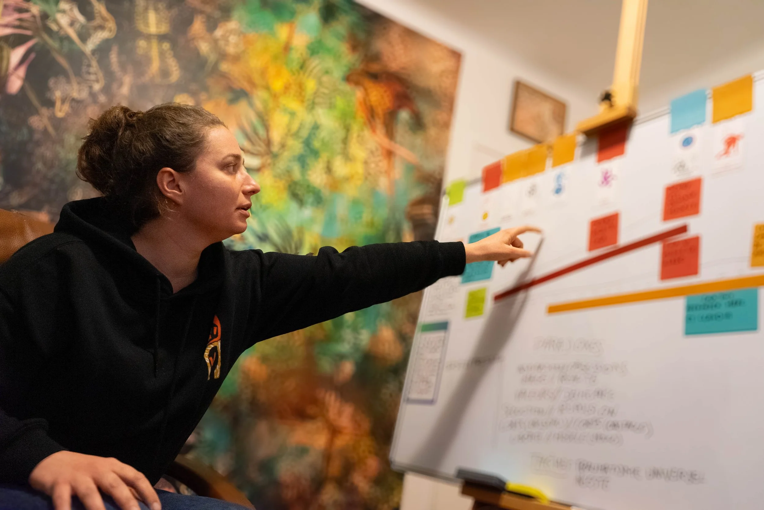 Juliette ULRICH, autrice, pointant du doigt un tableau blanc rempli de notes colorées définissant la structure de son projet, en intérieur avec fond floral