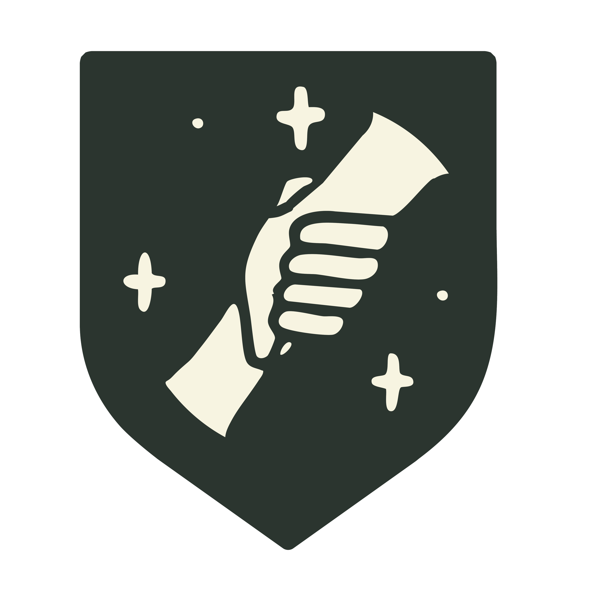 A graphic of two hands clasped together, surrounded by stars on a shield-shaped background.