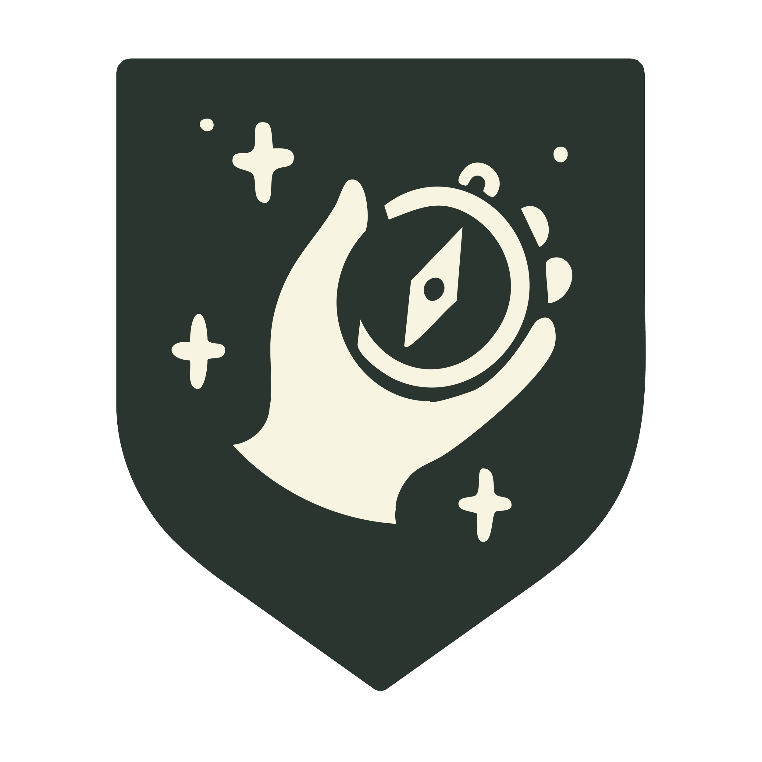 A black and white emblem featuring a hand holding a compass, surrounded by stars and sparkles.