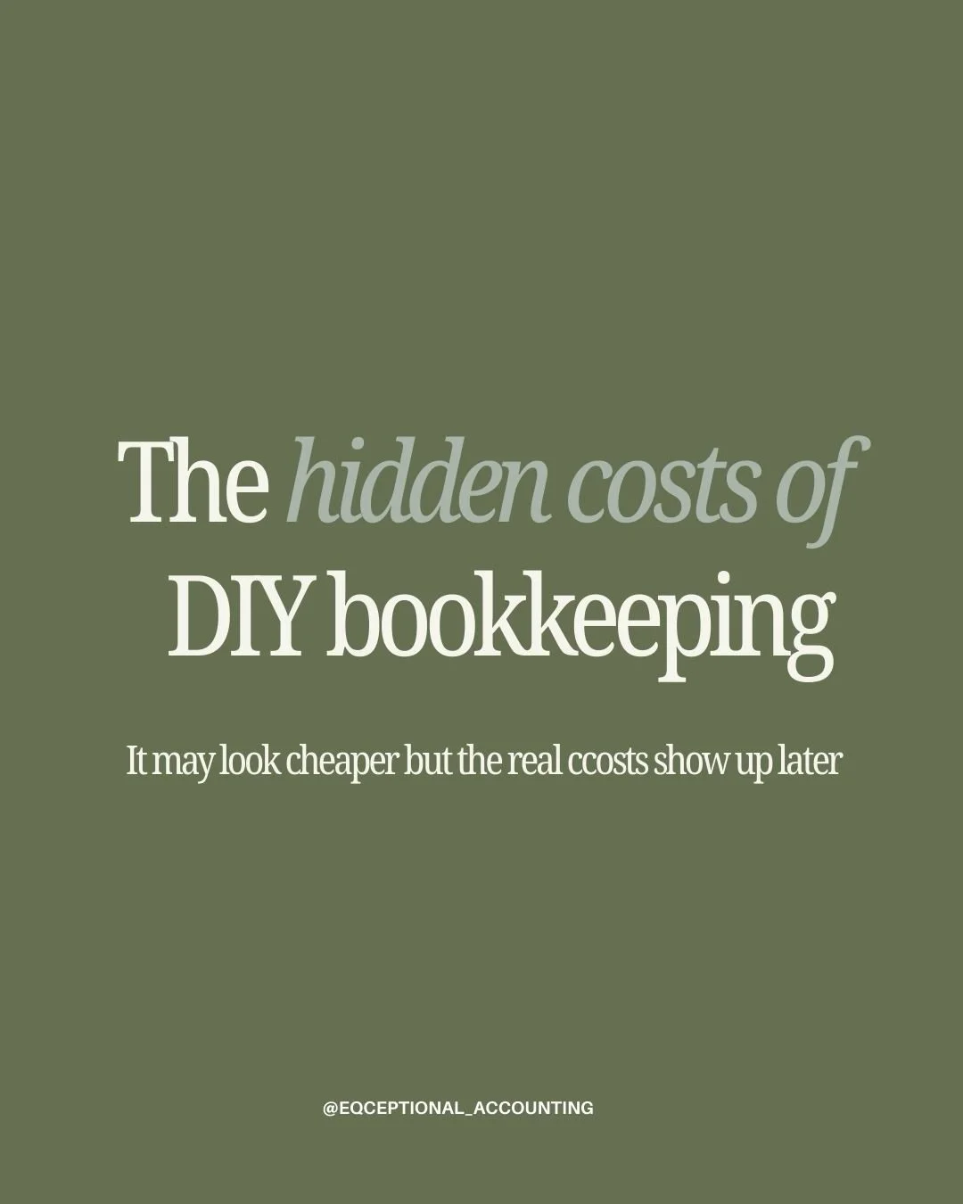 The real, hidden costs of DIY bookkeeping:

&bull; Missed deductions
&bull; Late filings
&bull; Errors that turn into penalties
&bull; Over paying certain expenses

If your books are feeling messy, I can help! It takes seconds to book your free 30 mi