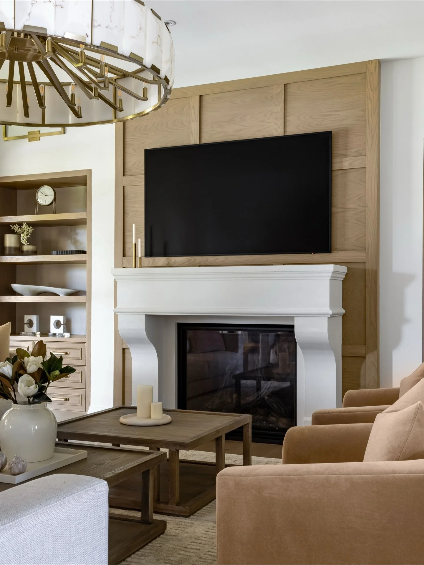 There&rsquo;s such a cozy, traditional charm to this space! Our clients asked for an extra-deep limestone mantle so they&rsquo;d have room for family photos and plenty of space for garland at Christmas. Inviting, warm, and exactly how they imagined i