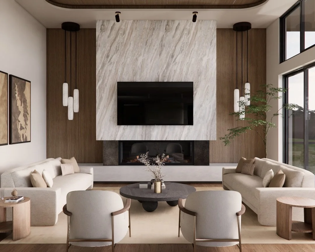 Sharing a peek at this rendering! Warm wood-stained panels frame the space and set the tone for the quartzite fireplace surround. Instead of a central chandelier, we kept the ceiling clean and focused the lighting on the vertical elements. Clustered 