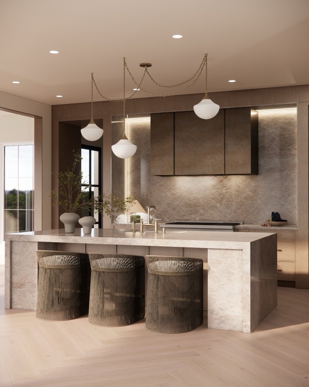 We&rsquo;re so excited about our latest kitchen rendering! The metal vent hood adds a beautiful layer of texture, while the wood-encased openings subtly separate the pantry from the kitchen, creating definition without closing things off. And the isl