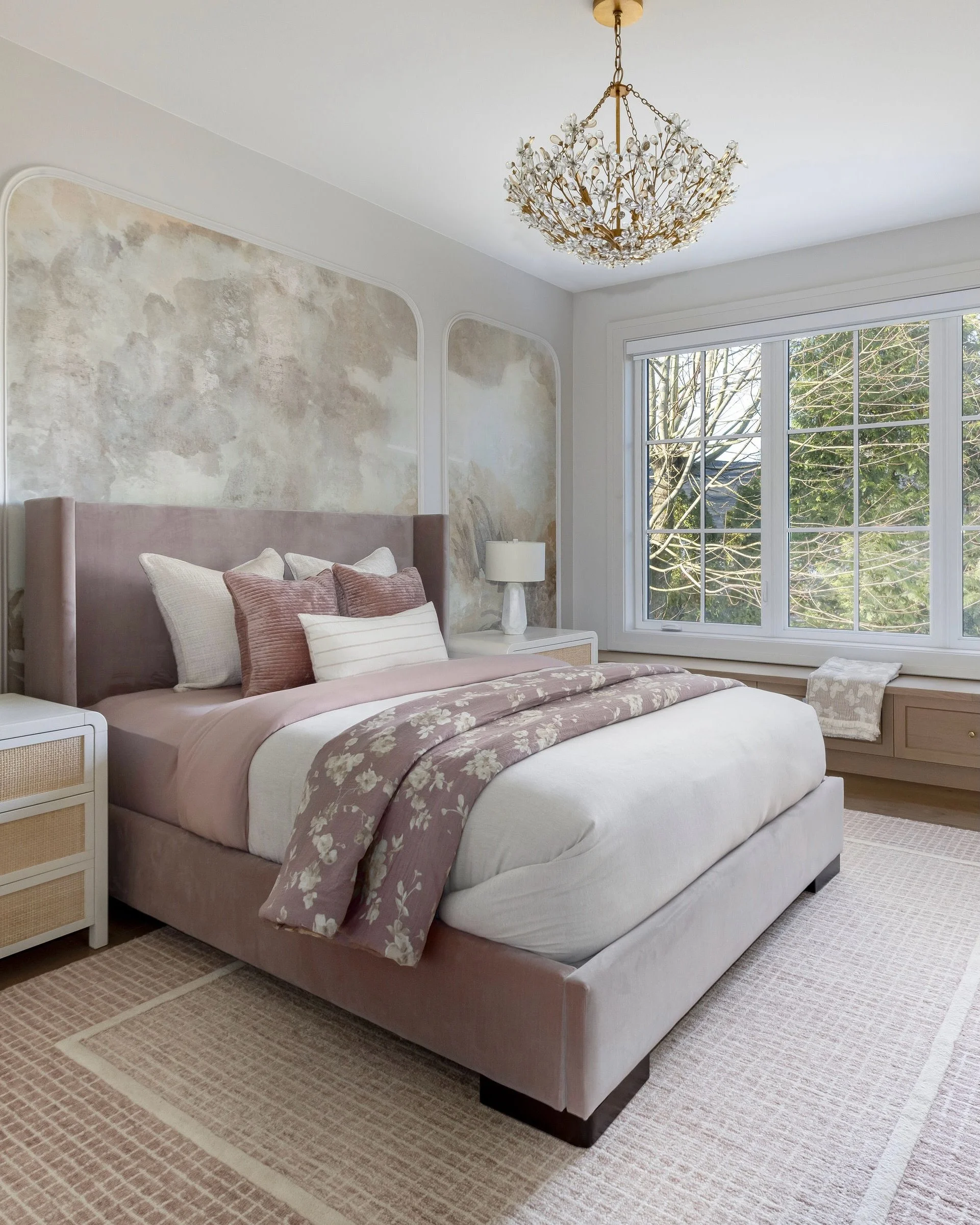 Designing girls&rsquo; bedrooms has truly become second nature to us. It&rsquo;s the soft, thoughtful details like the pastel wallpaper tucked into the arches, that bring such a gentle charm to the space, especially paired with the mauve toned bed. A