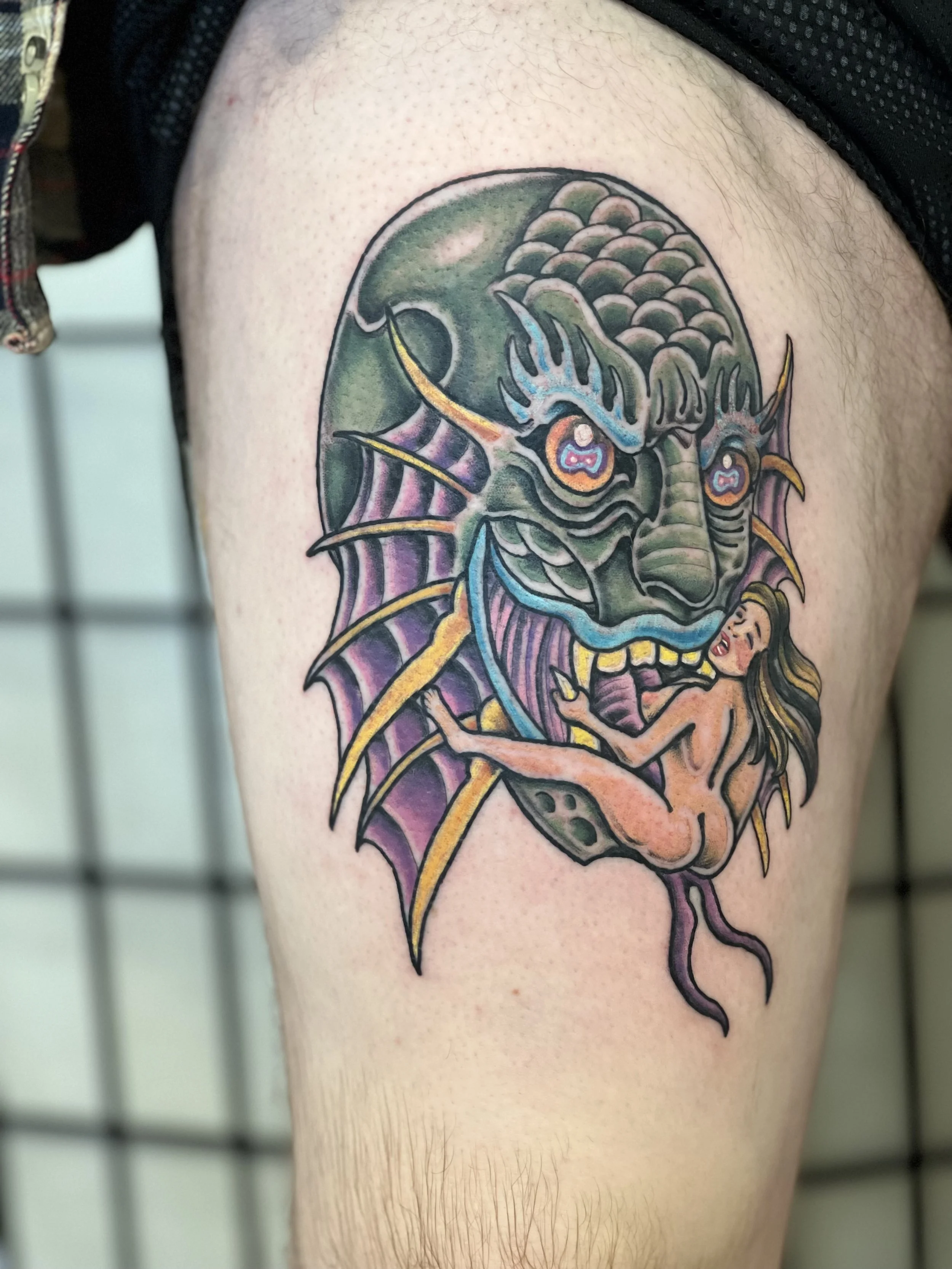 This color illustrative neotradtional tattoo depicts a woman taking The Devil's Ride, but with an aquatic theme to it.
