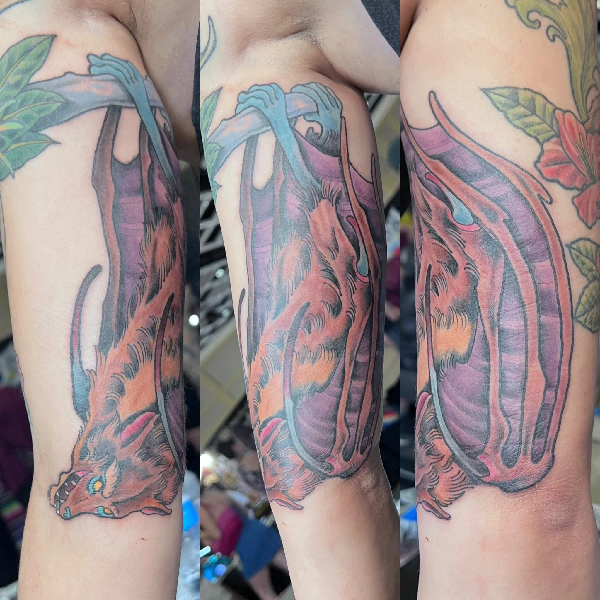 A color neo traditional bat tattoo made by an award winning tattoo artist at the WV Tattoo Expo held in Morgantown WV.