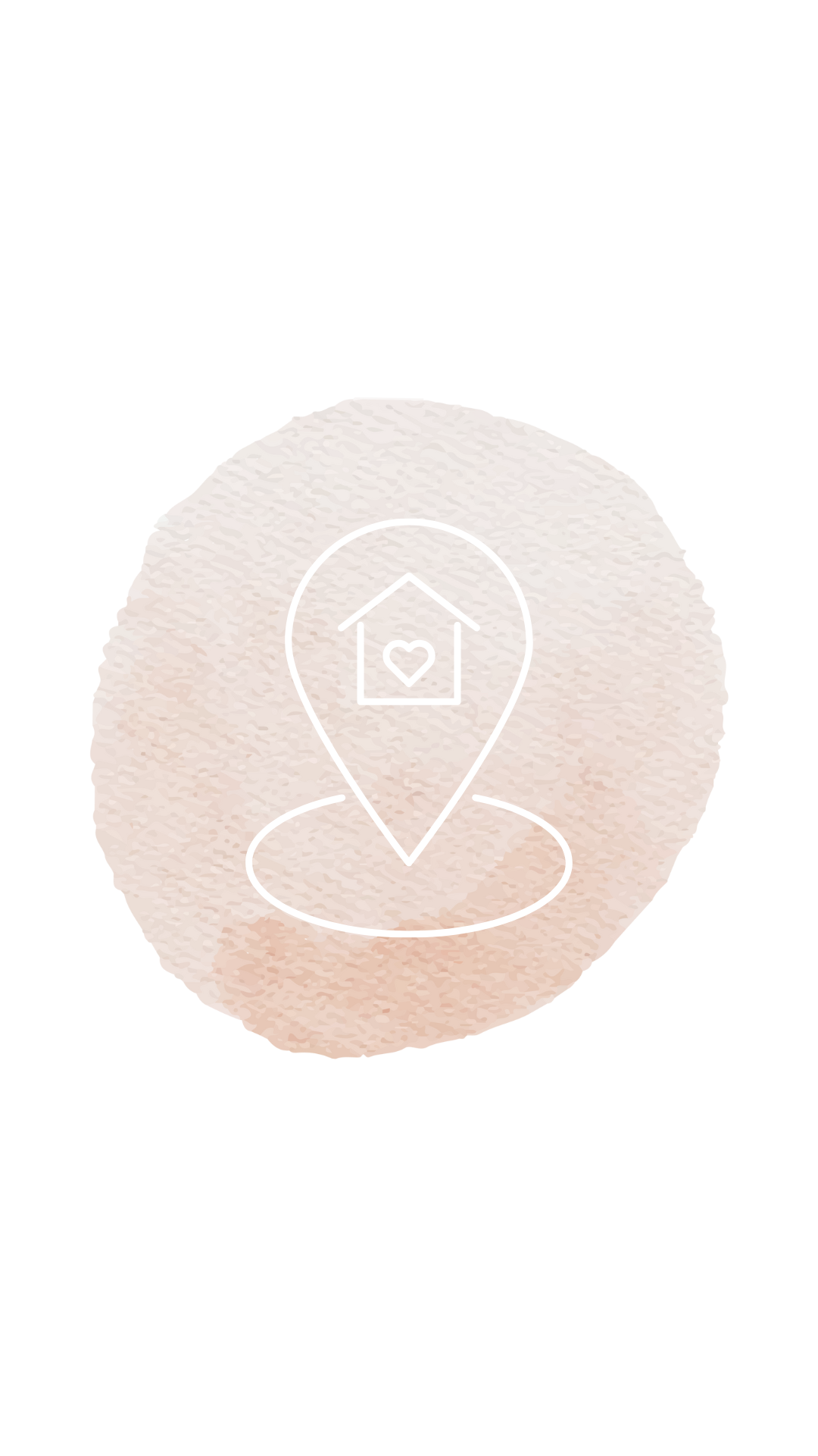 A light pink, textured circular object with a white outline of a map pin and a house with a heart inside it.