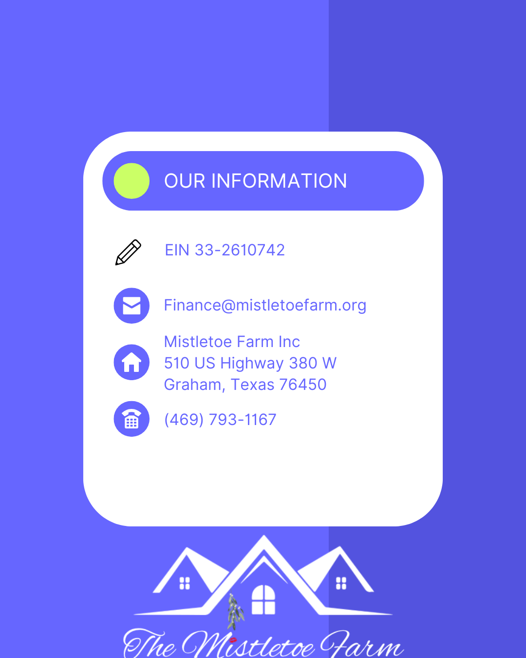 Information card from Mistletoe Farm displaying EIN, email, address, and phone number with logo and farm name.