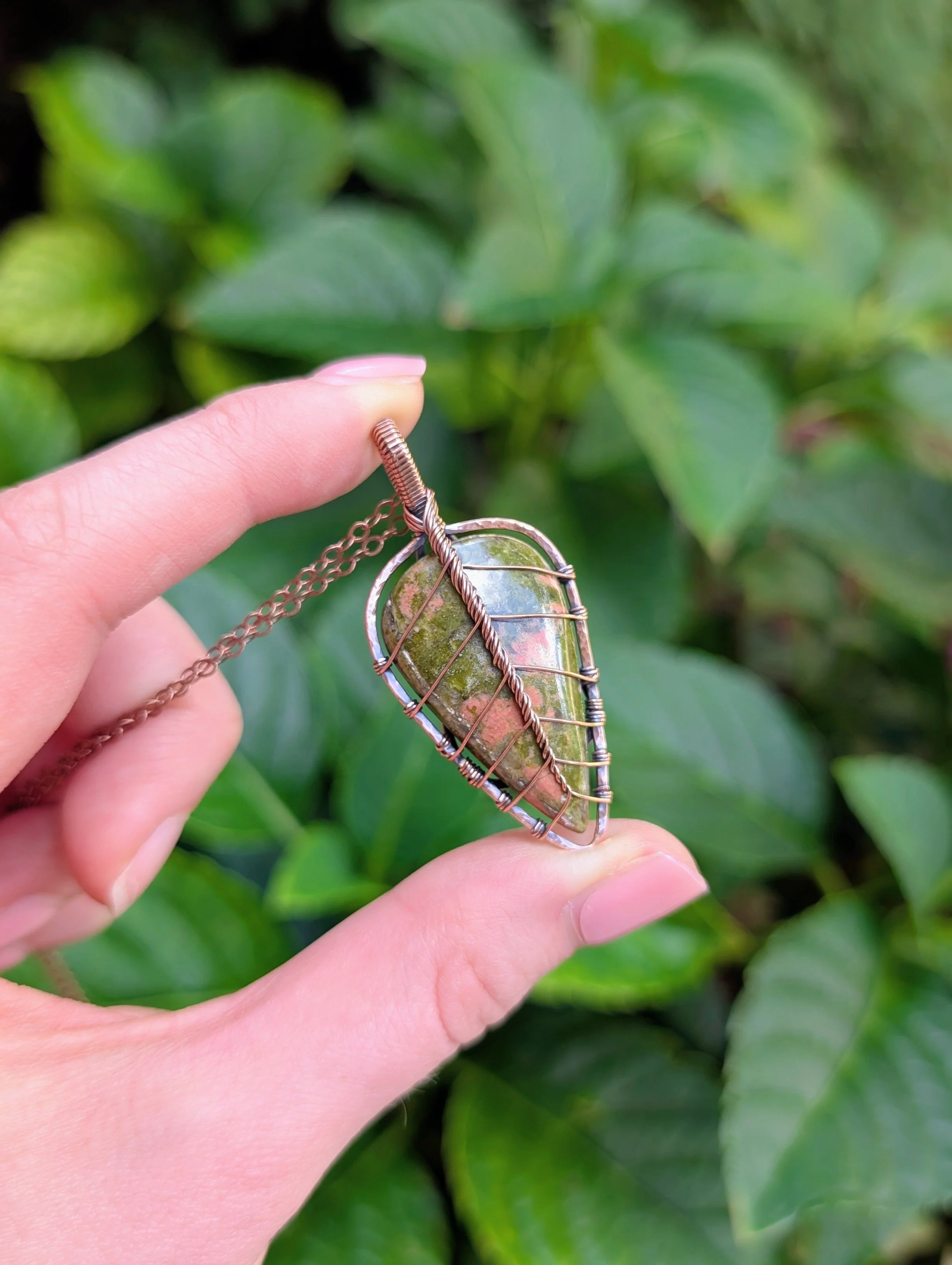 Autumn Leaf Necklace with Unakite in Copper