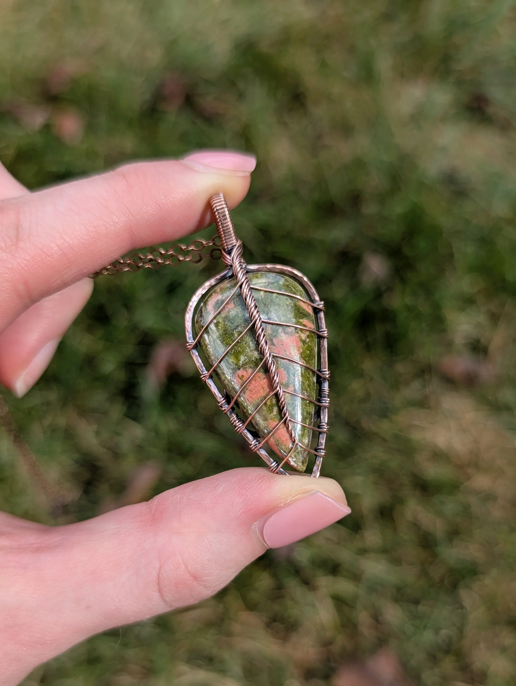 Autumn Leaf Necklace with Unakite in Copper