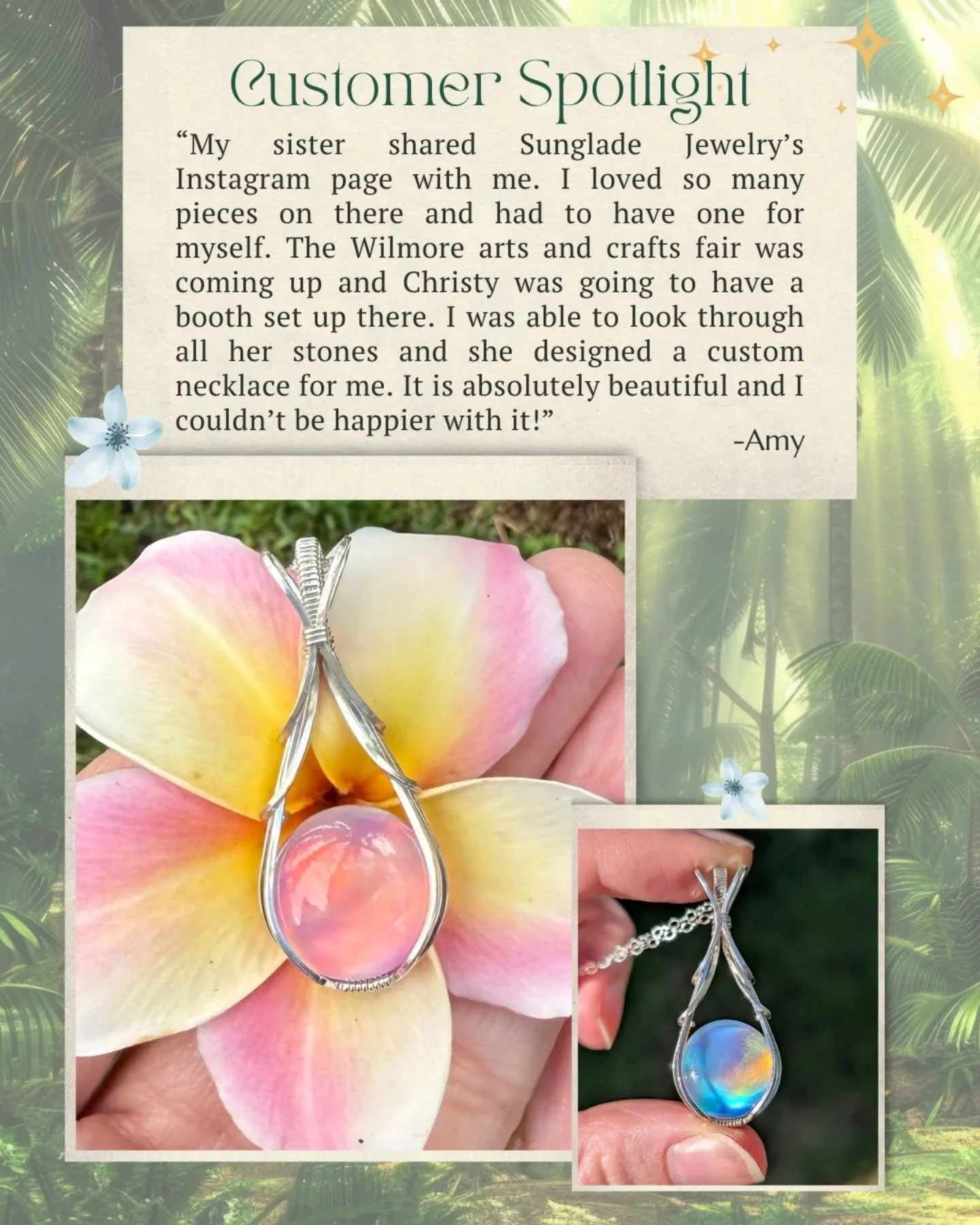 Today's customer spotlight goes to this lovely lady, Amy who placed a custom order at one of my craft fairs.

She chose this aurora opal doublet to be wrapped in my Annette design in Sterling silver. Truly a one of a kind beauty! I'm so glad she love