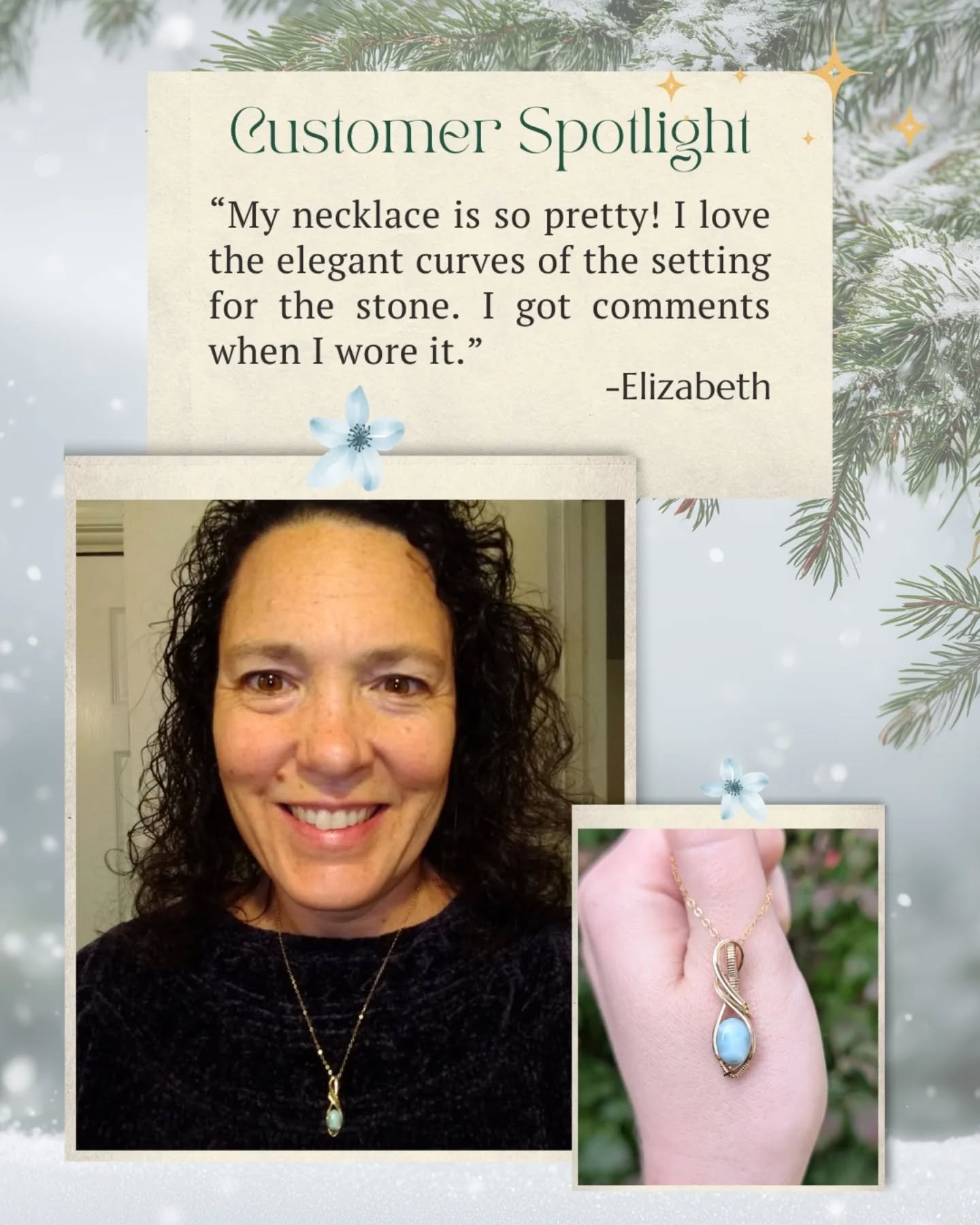 Today's customer spotlight goes to this lovely lady who placed a custom order for this larimar stone to be set with 14k gold filled wire in my Elara necklace design.

I am so glad she likes it!! ✨

I have just a couple of these stones left if you nee