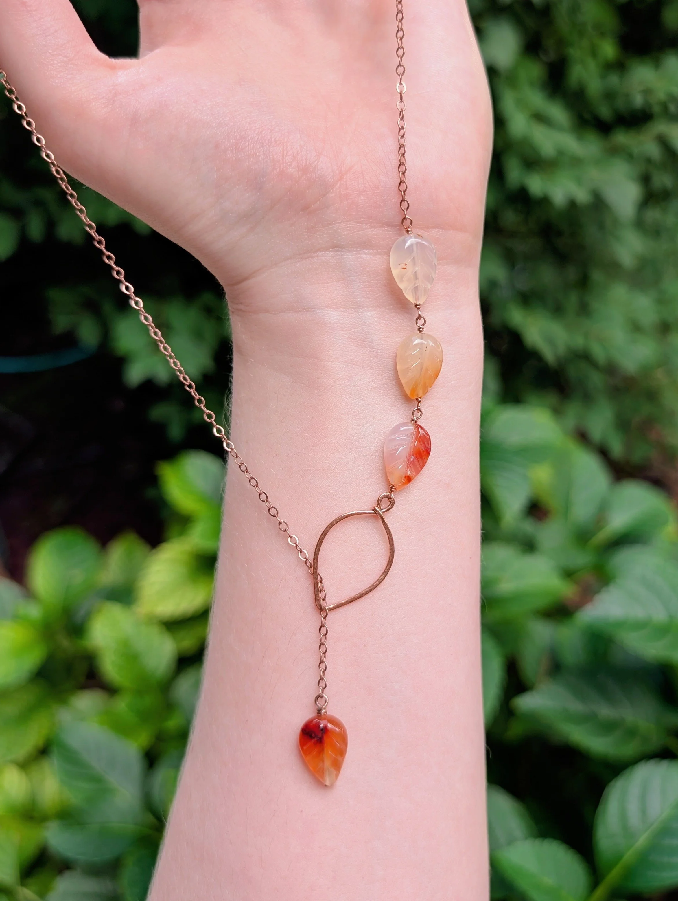 Cascading Leaves Lariat Necklace with Carnelian in Copper