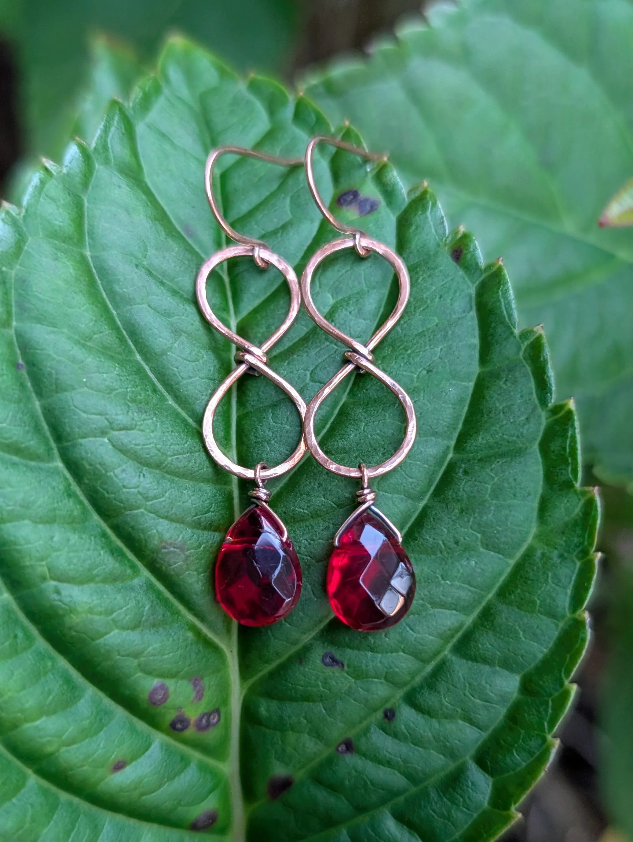 Copper Infinity Earrings with red beads