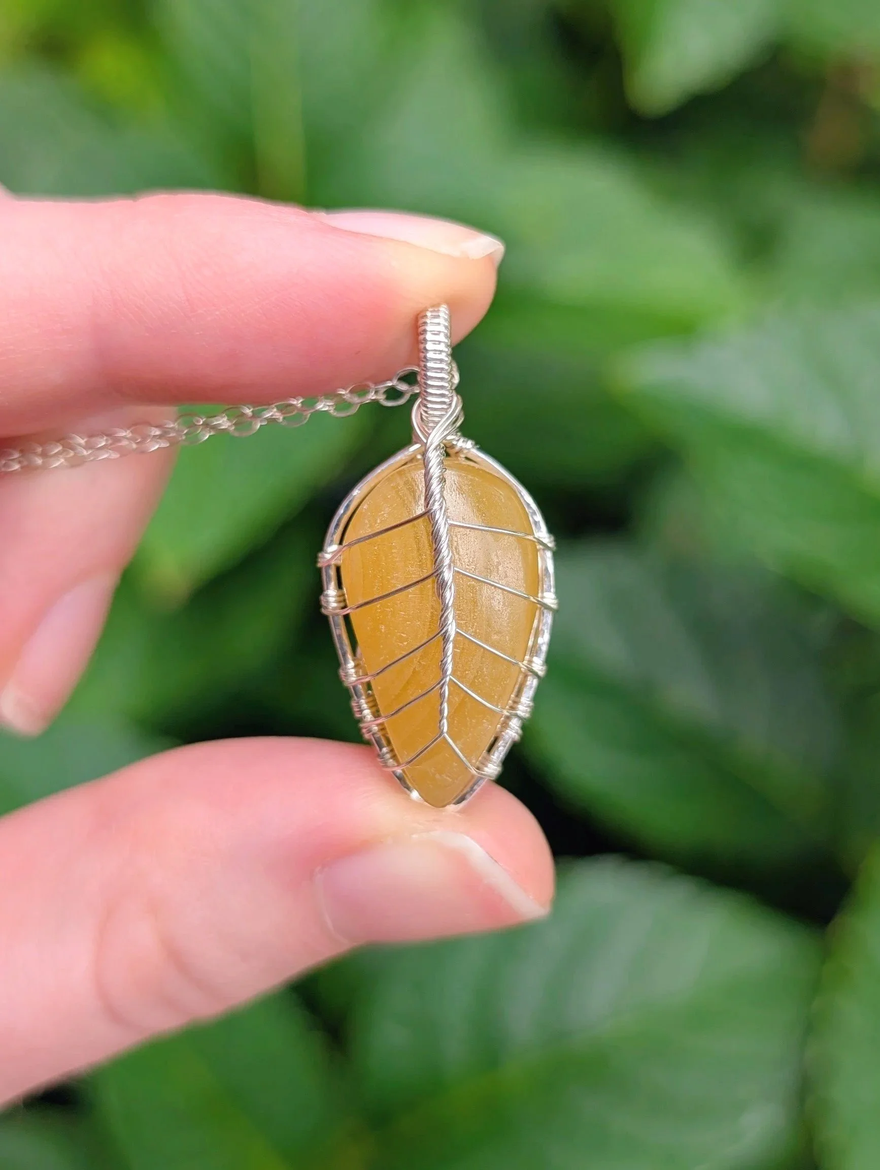 Autumn Leaf Necklace with Yellow Aragonite in Sterling Silver