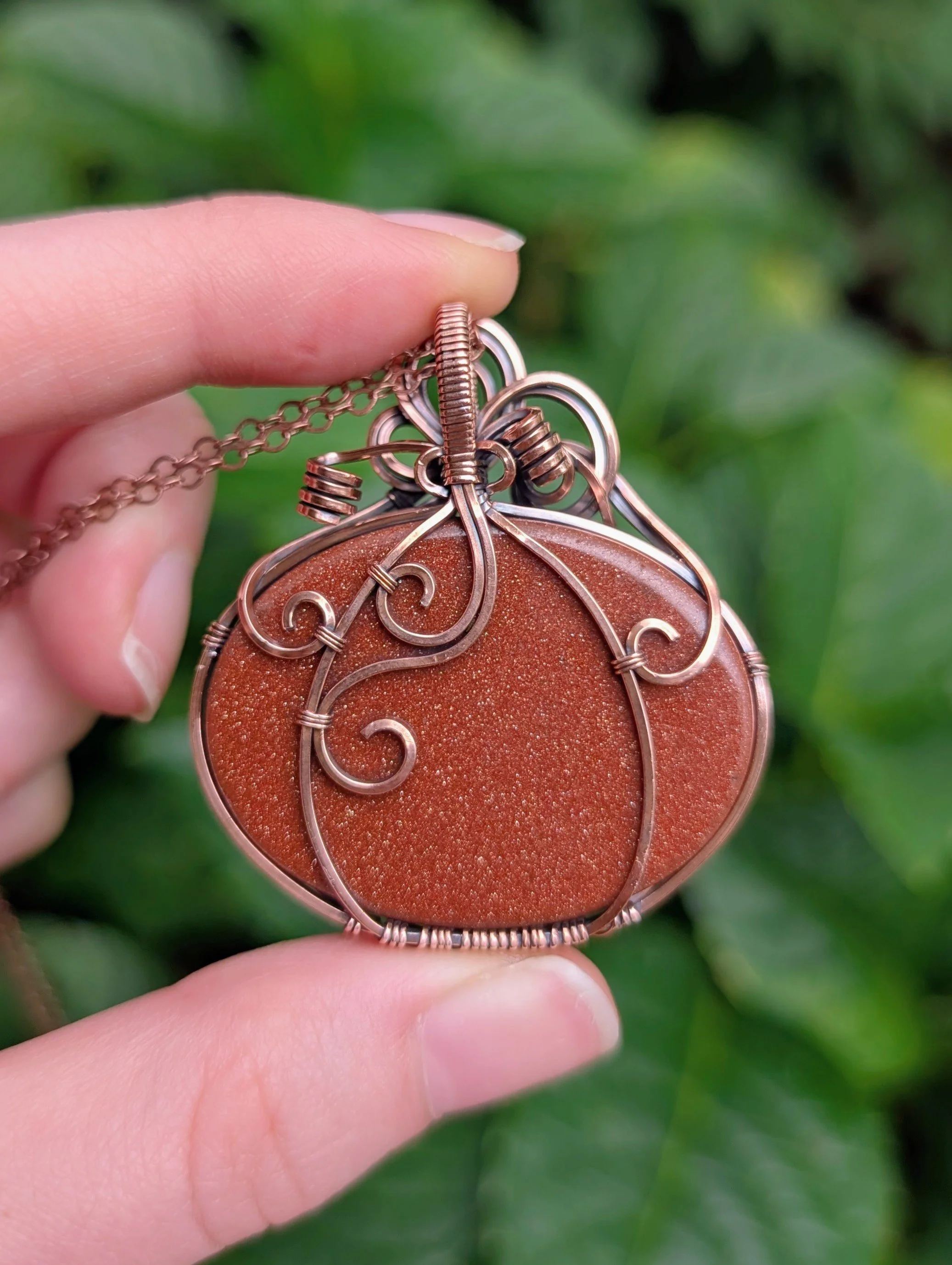 back of Statement Pumpkin Necklace with Goldstone in Copper