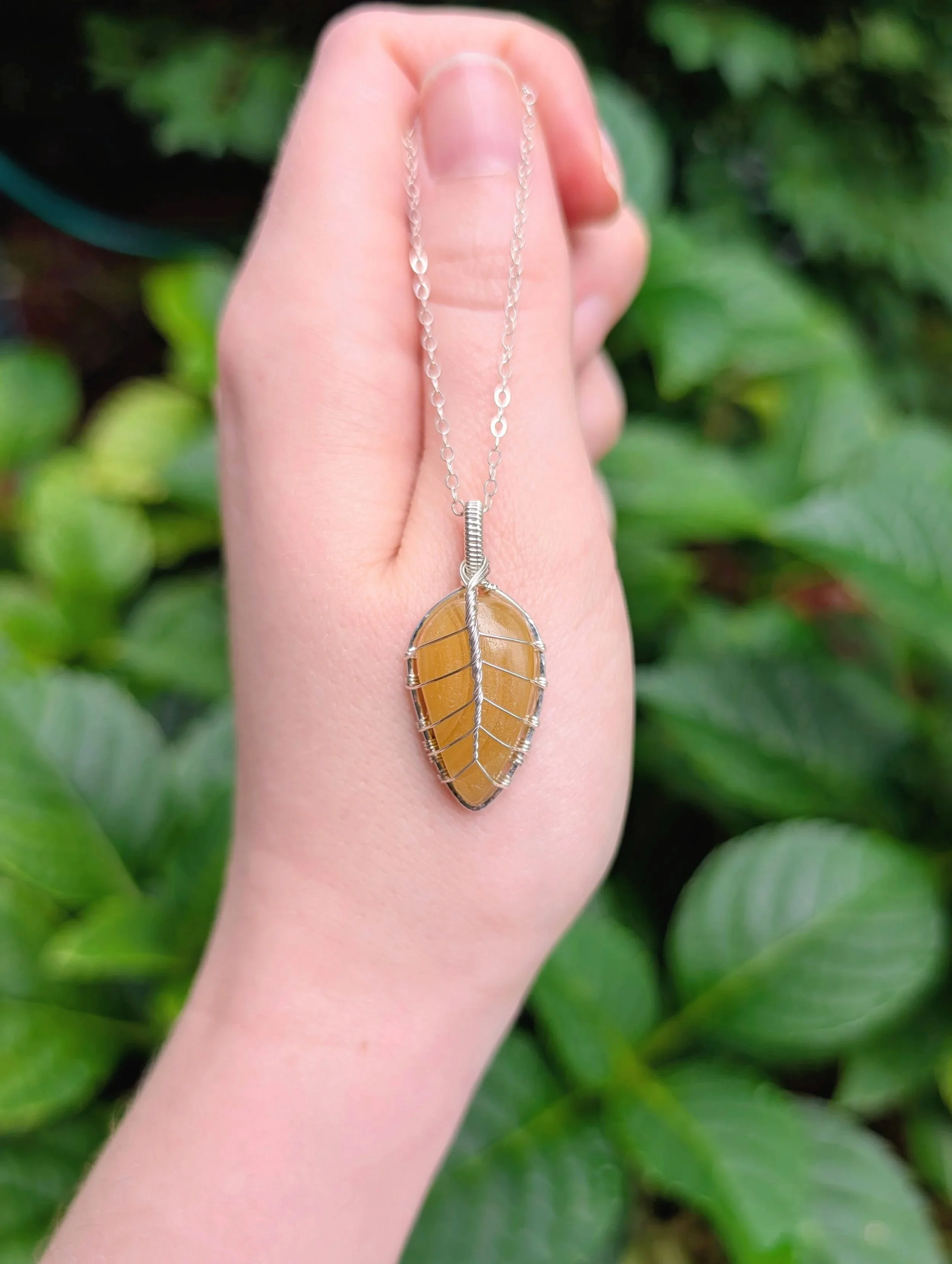 Autumn Leaf Necklace with Yellow Aragonite in Sterling Silver