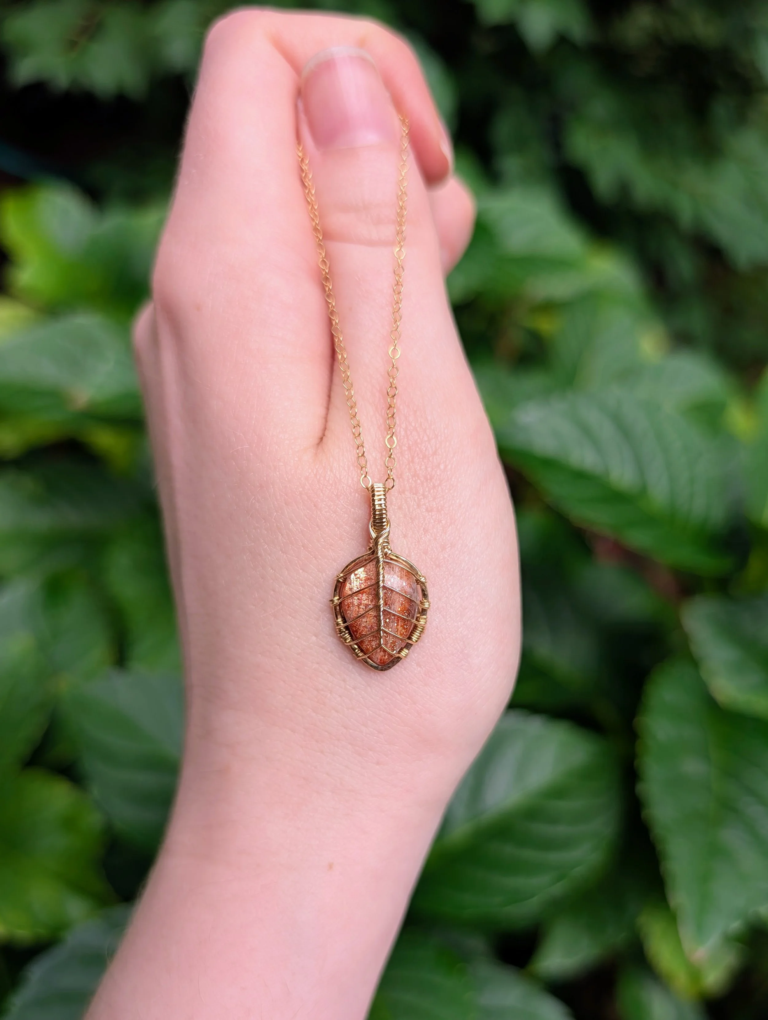 Mini Leaf Necklace with Sunstone in 14k Gold Filled