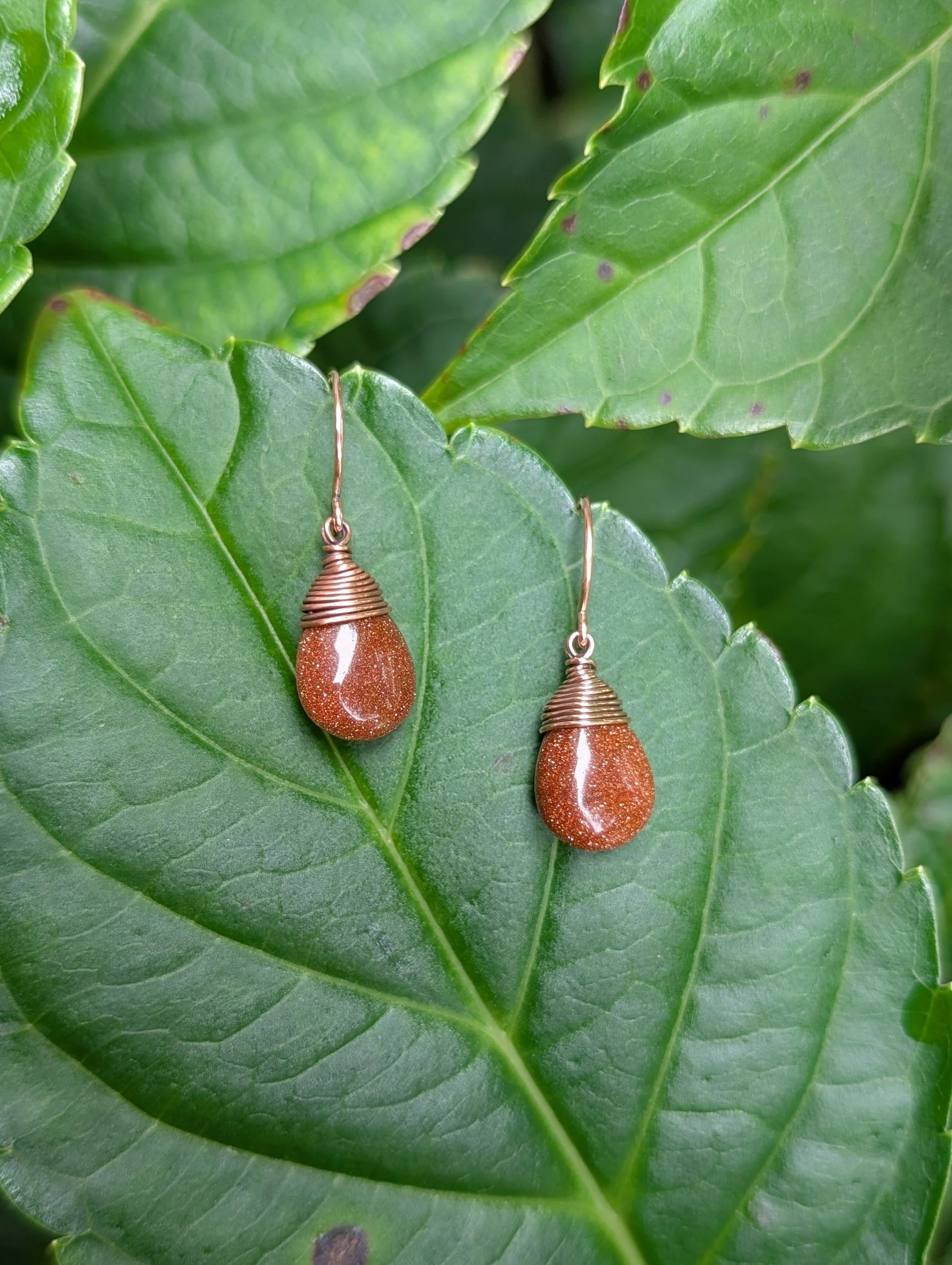 Teardrop Earrings with Goldstone in Copper