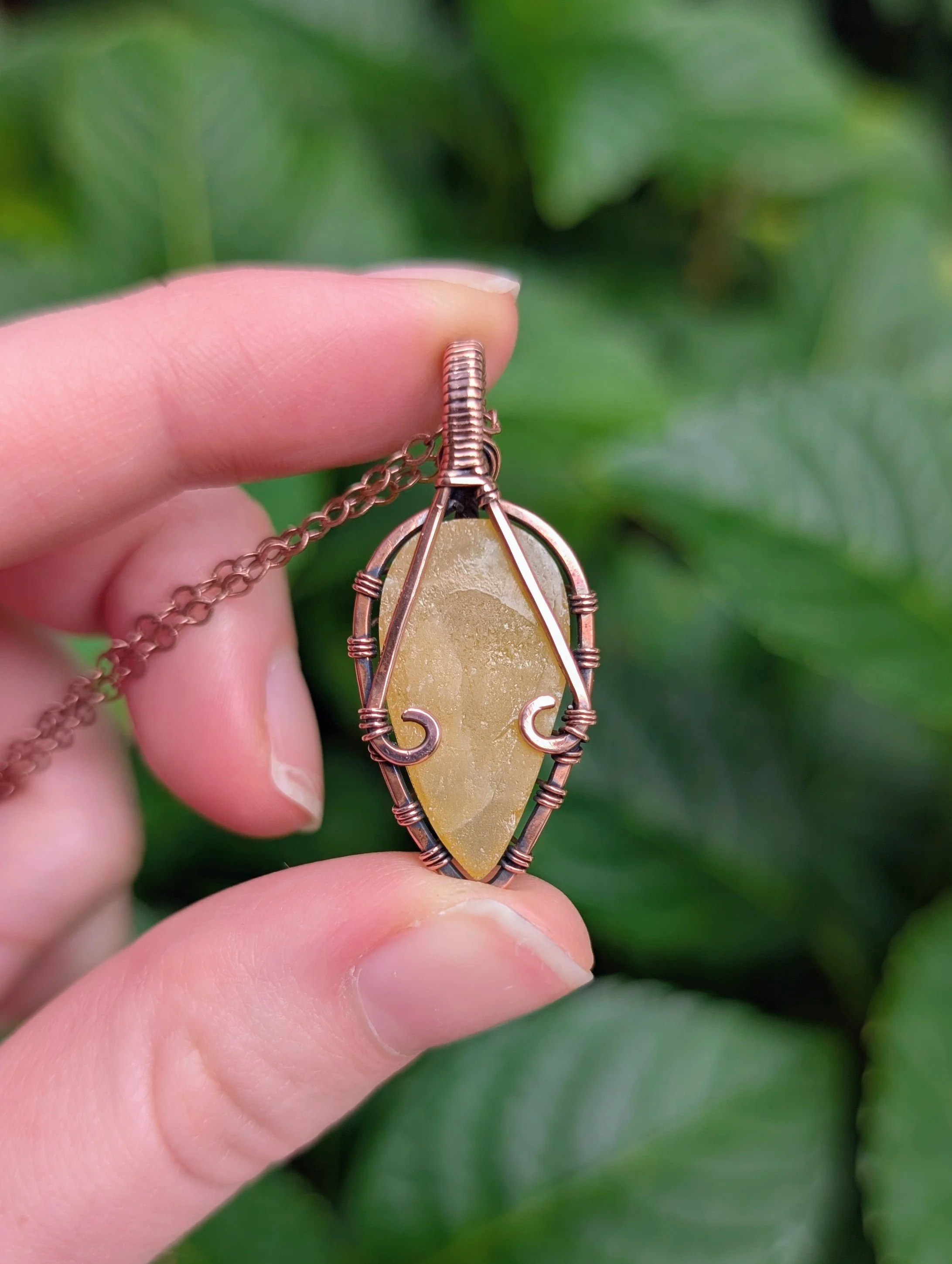 back of Autumn Leaf Necklace with Yellow Aragonite in Copper