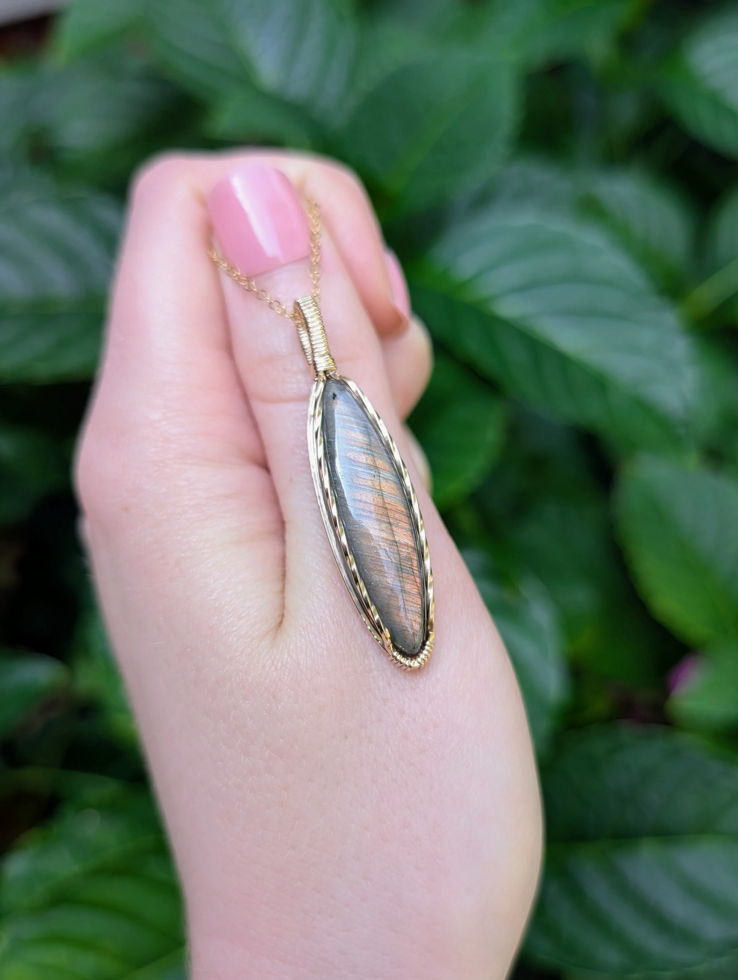The Petal Necklace with Orange Labradorite in 14k Gold Filled