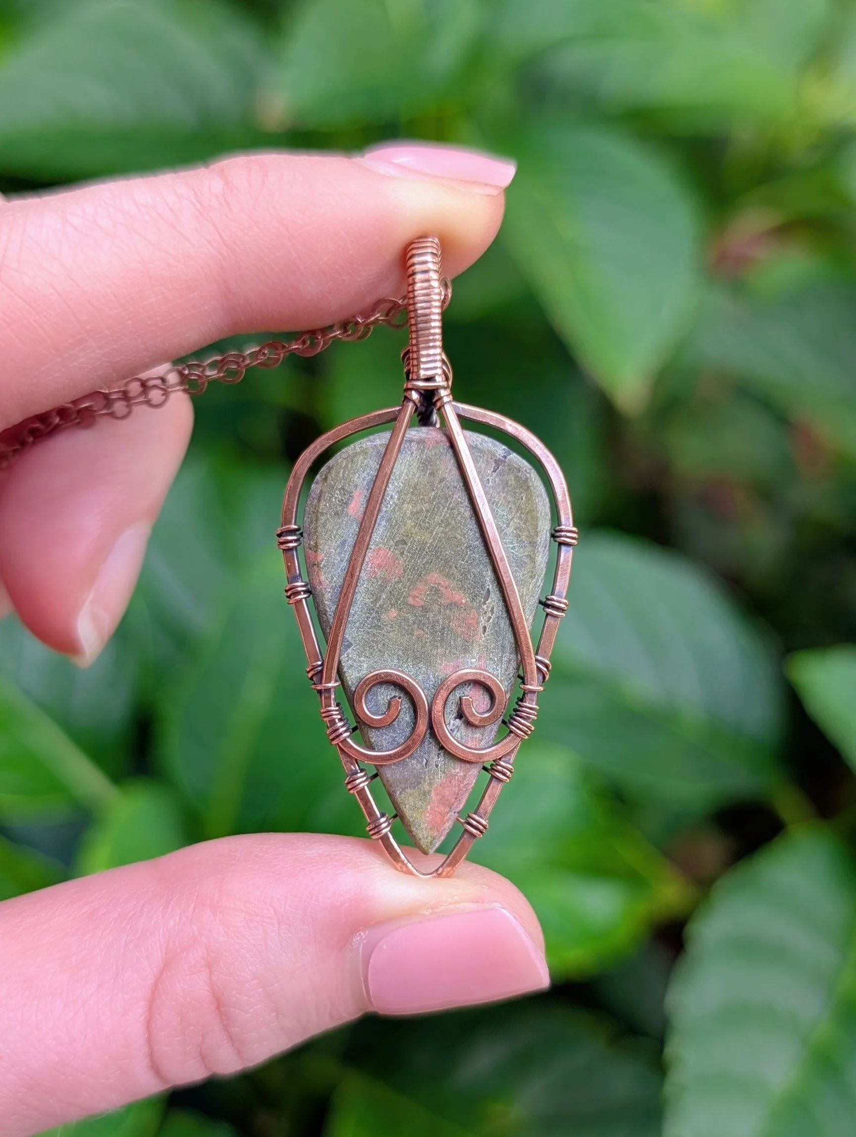 back of Autumn Leaf Necklace with Unakite in Copper