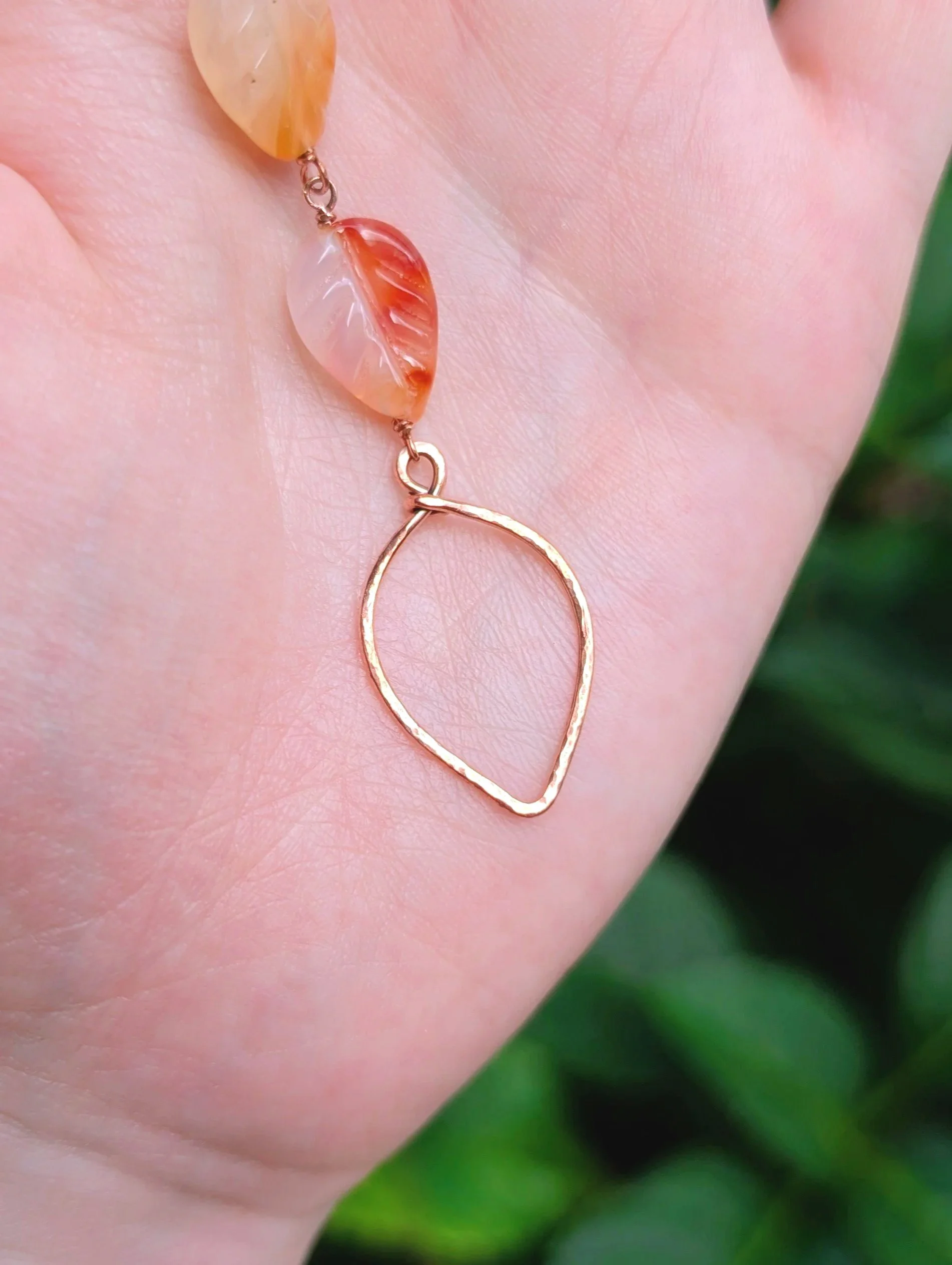 end of Cascading Leaves Lariat Necklace with Carnelian in Copper