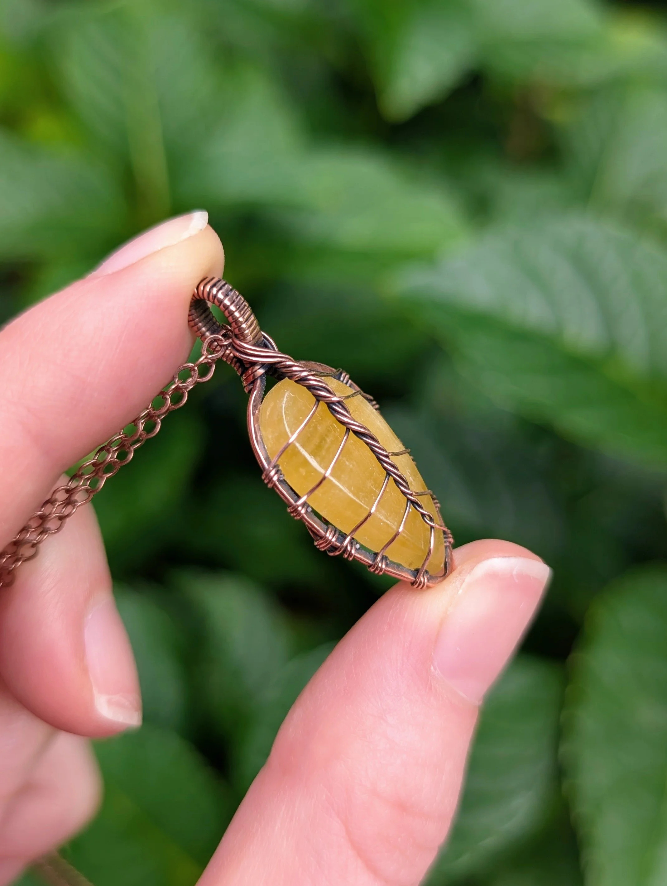 Autumn Leaf Necklace with Yellow Aragonite in Copper