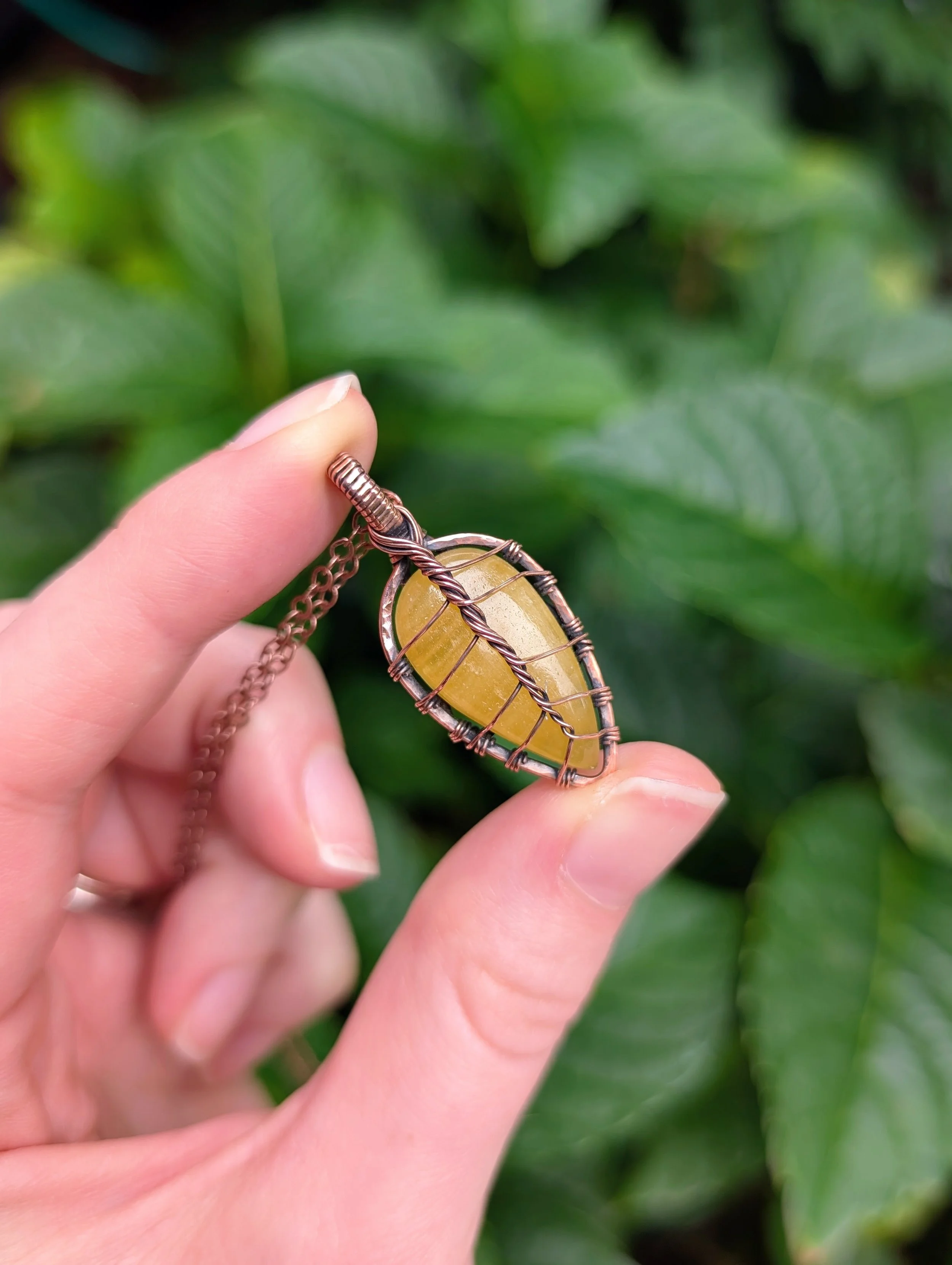 Autumn Leaf Necklace with Yellow Aragonite in Copper