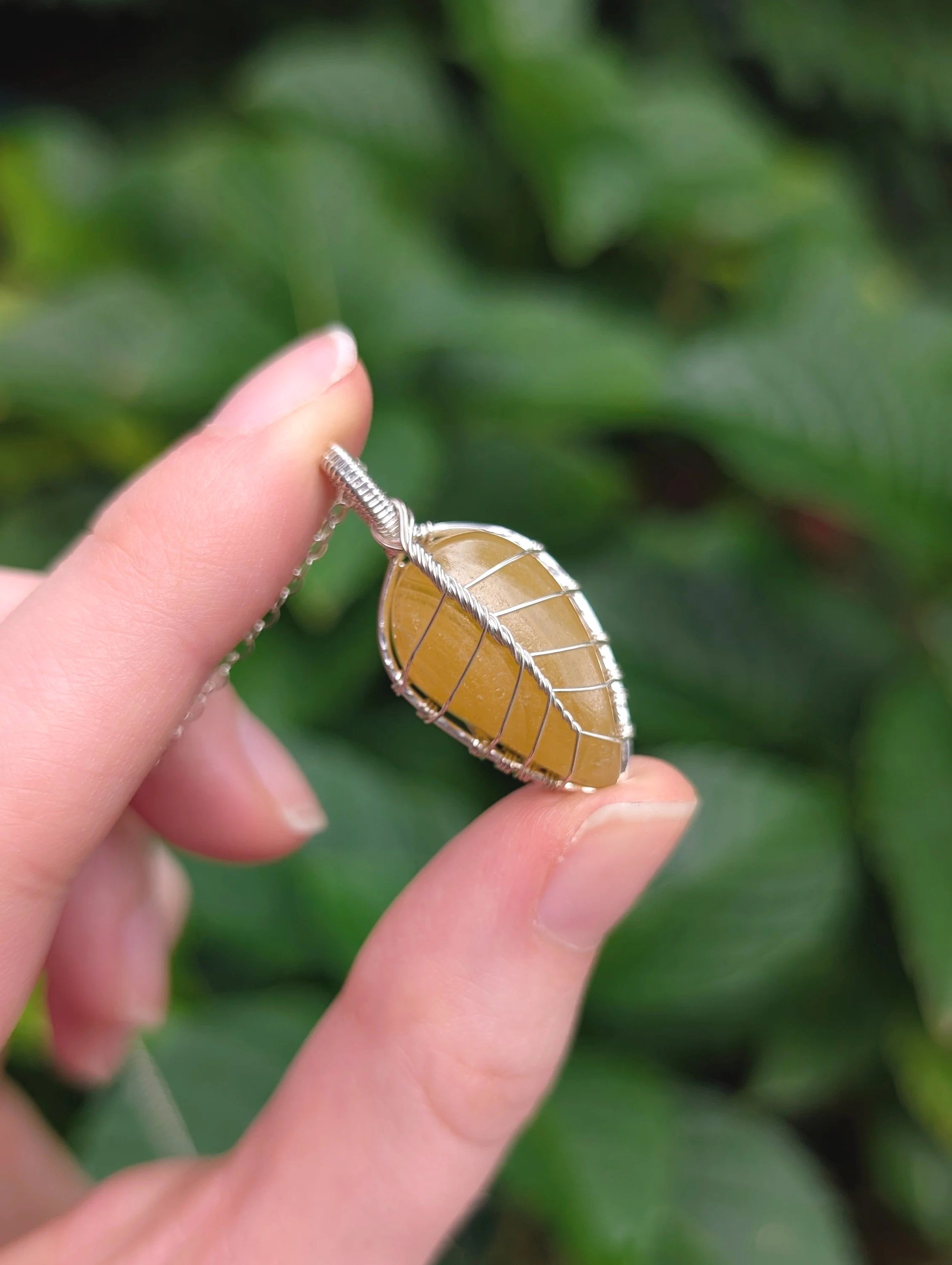 Autumn Leaf Necklace with Yellow Aragonite in Sterling Silver