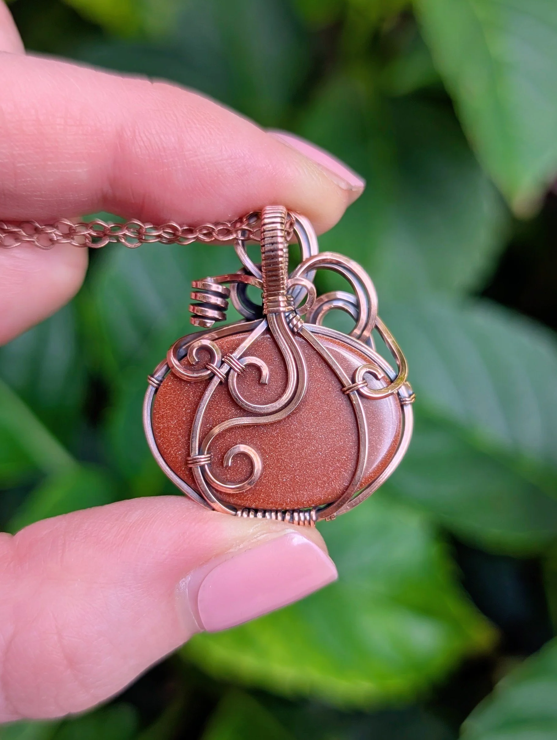 back of The Pumpkin Necklace with Goldstone in Copper