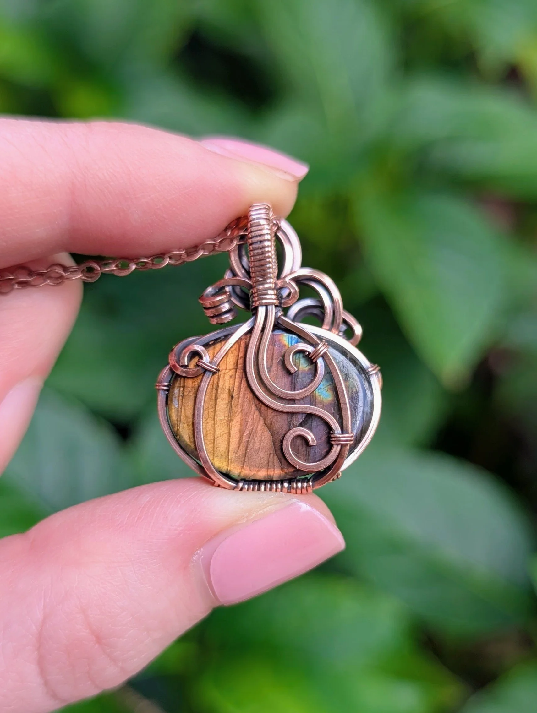 back of The Pumpkin Necklace with Orange & Purple Labradorite in Copper