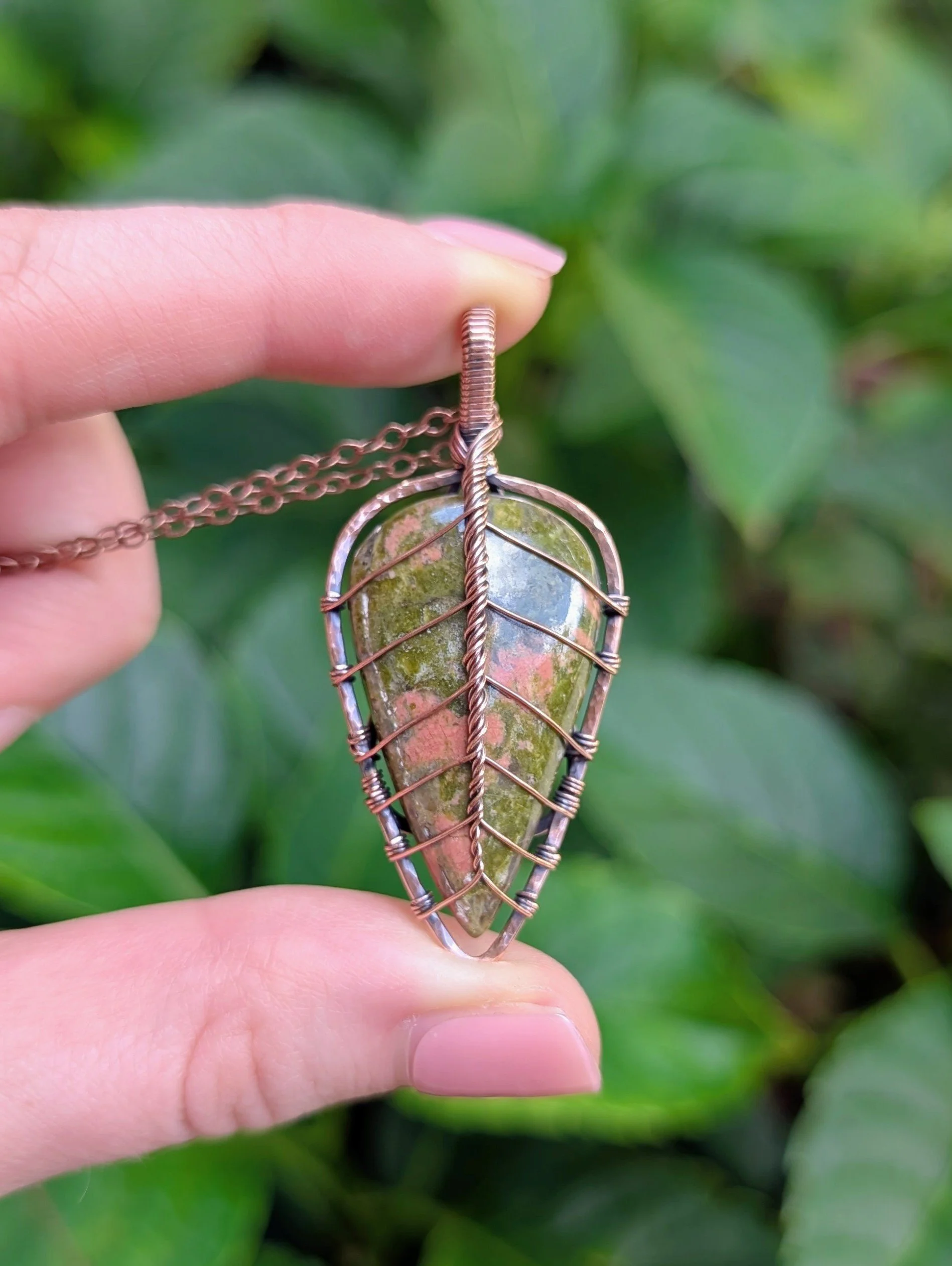 Autumn Leaf Necklace with Unakite in Copper