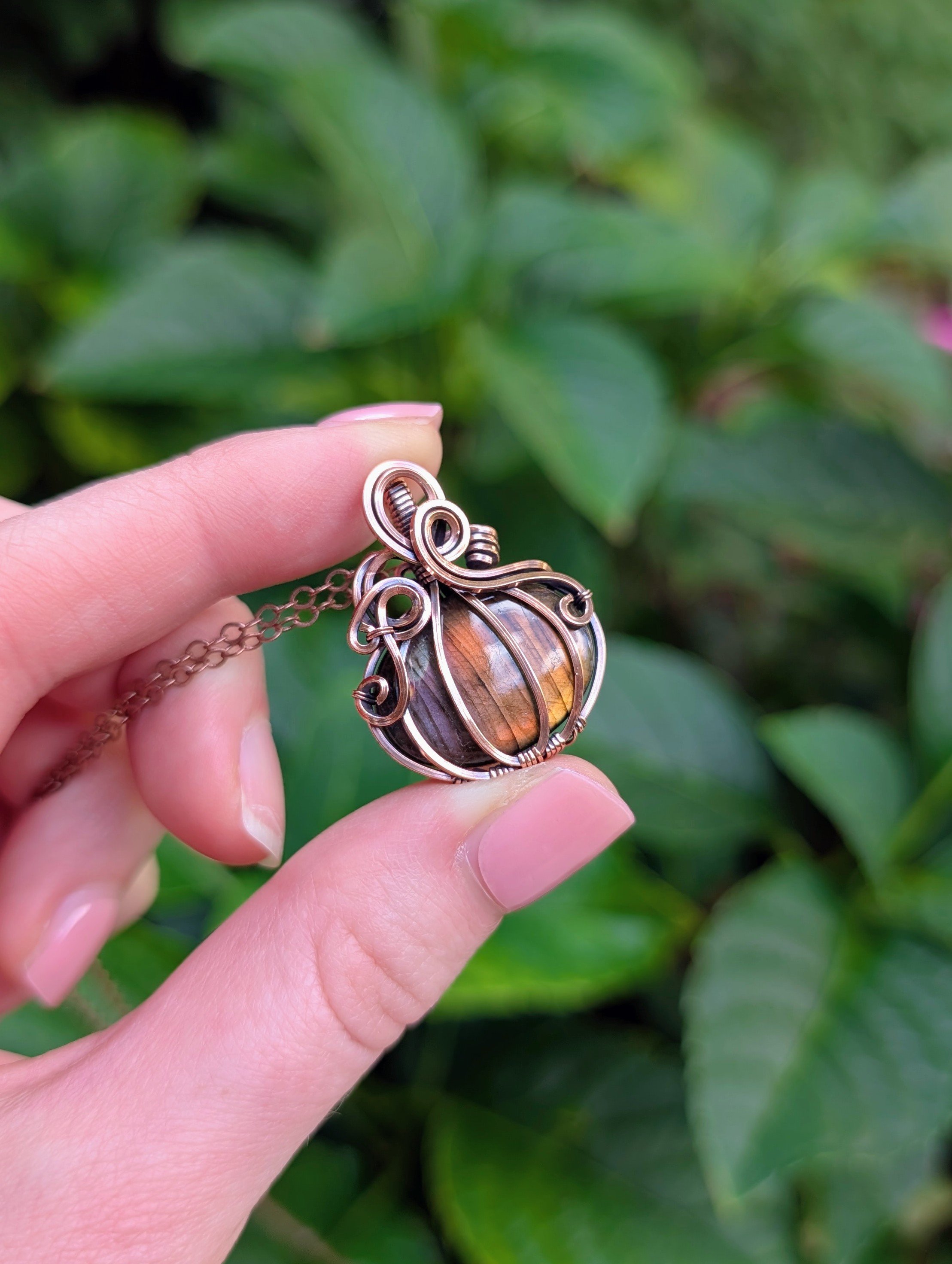 The Pumpkin Necklace with Orange & Purple Labradorite in Copper