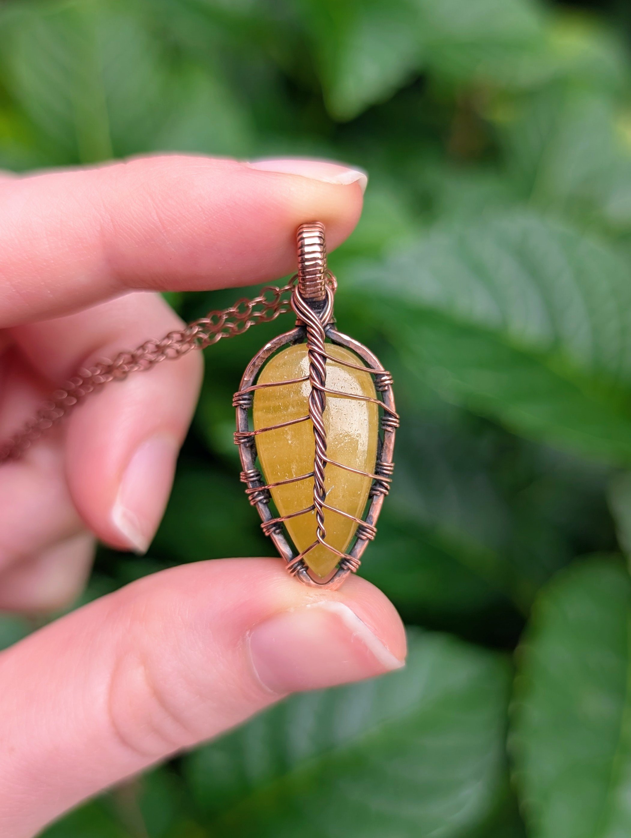 Autumn Leaf Necklace with Yellow Aragonite in Copper