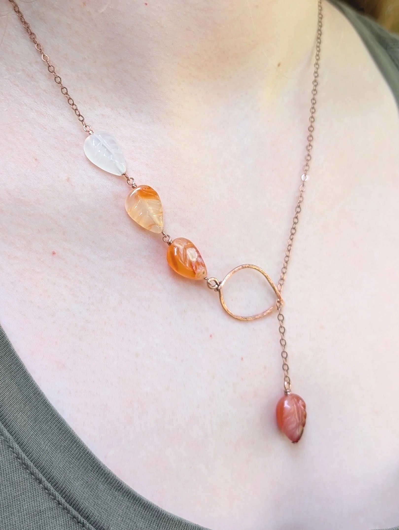 Cascading Leaves Lariat Necklace with Carnelian in Copper