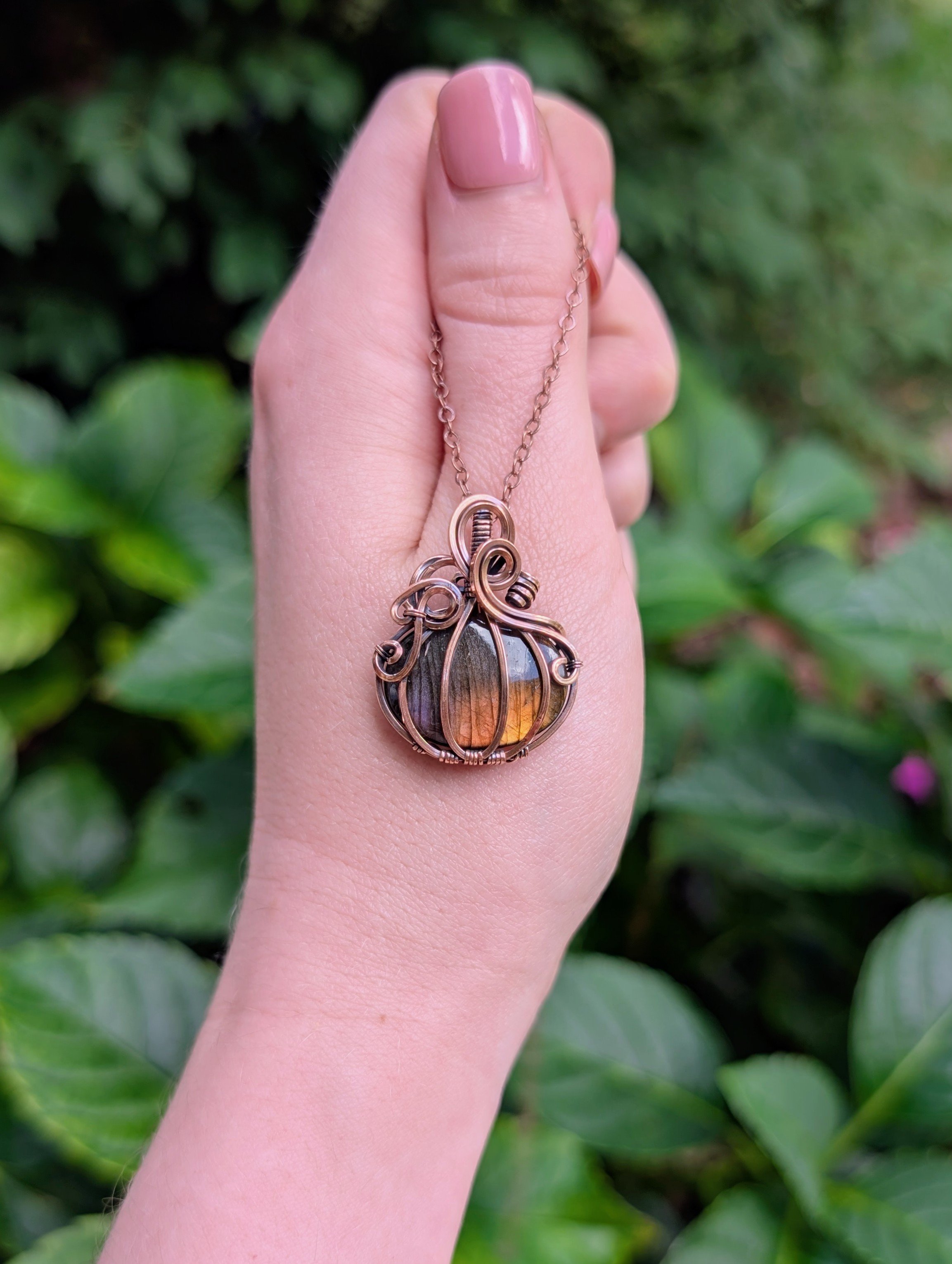 The Pumpkin Necklace with Orange & Purple Labradorite in Copper
