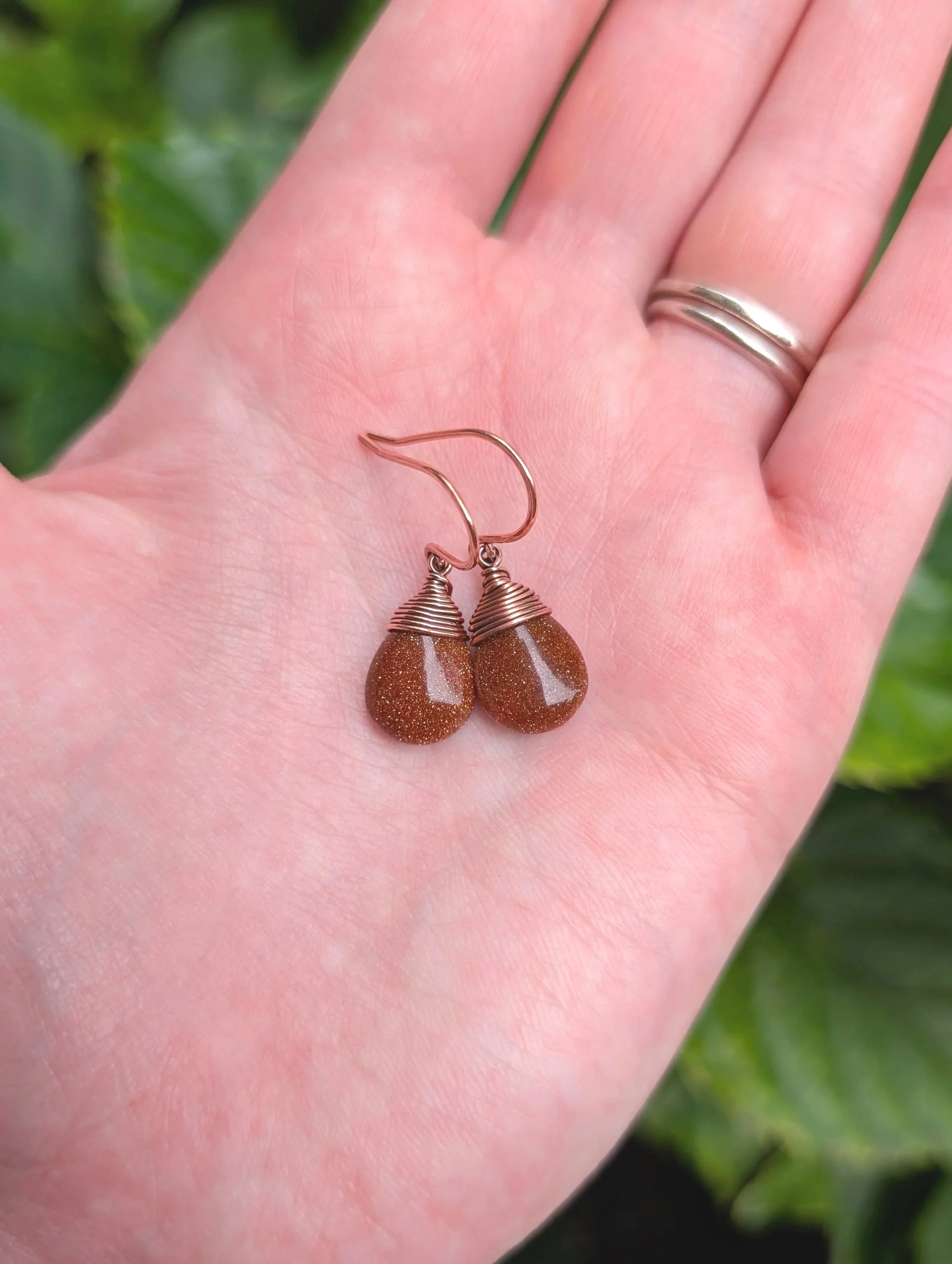 Teardrop Earrings with Goldstone in Copper