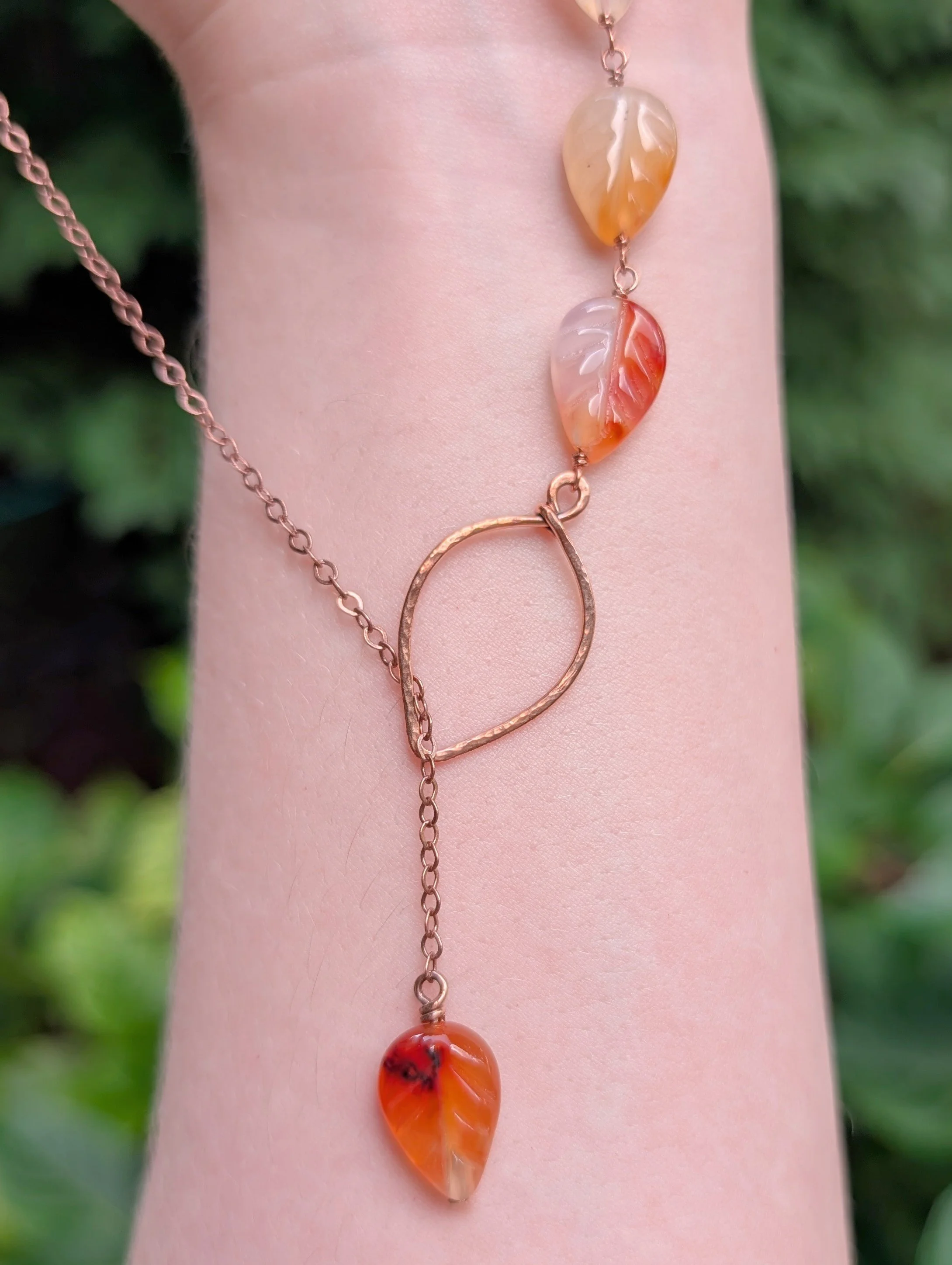 Cascading Leaves Lariat Necklace with Carnelian in Copper