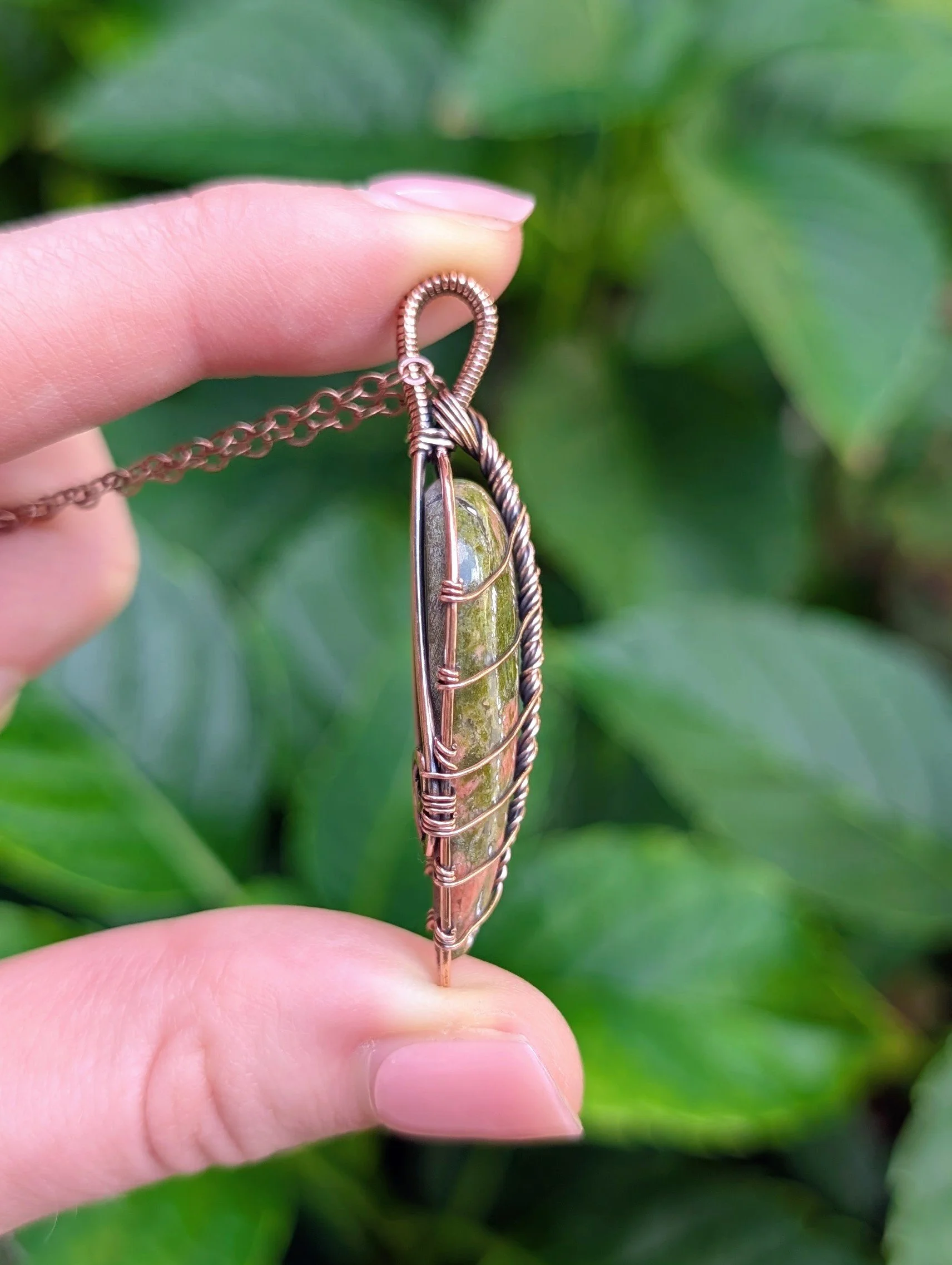 side of Autumn Leaf Necklace with Unakite in Copper