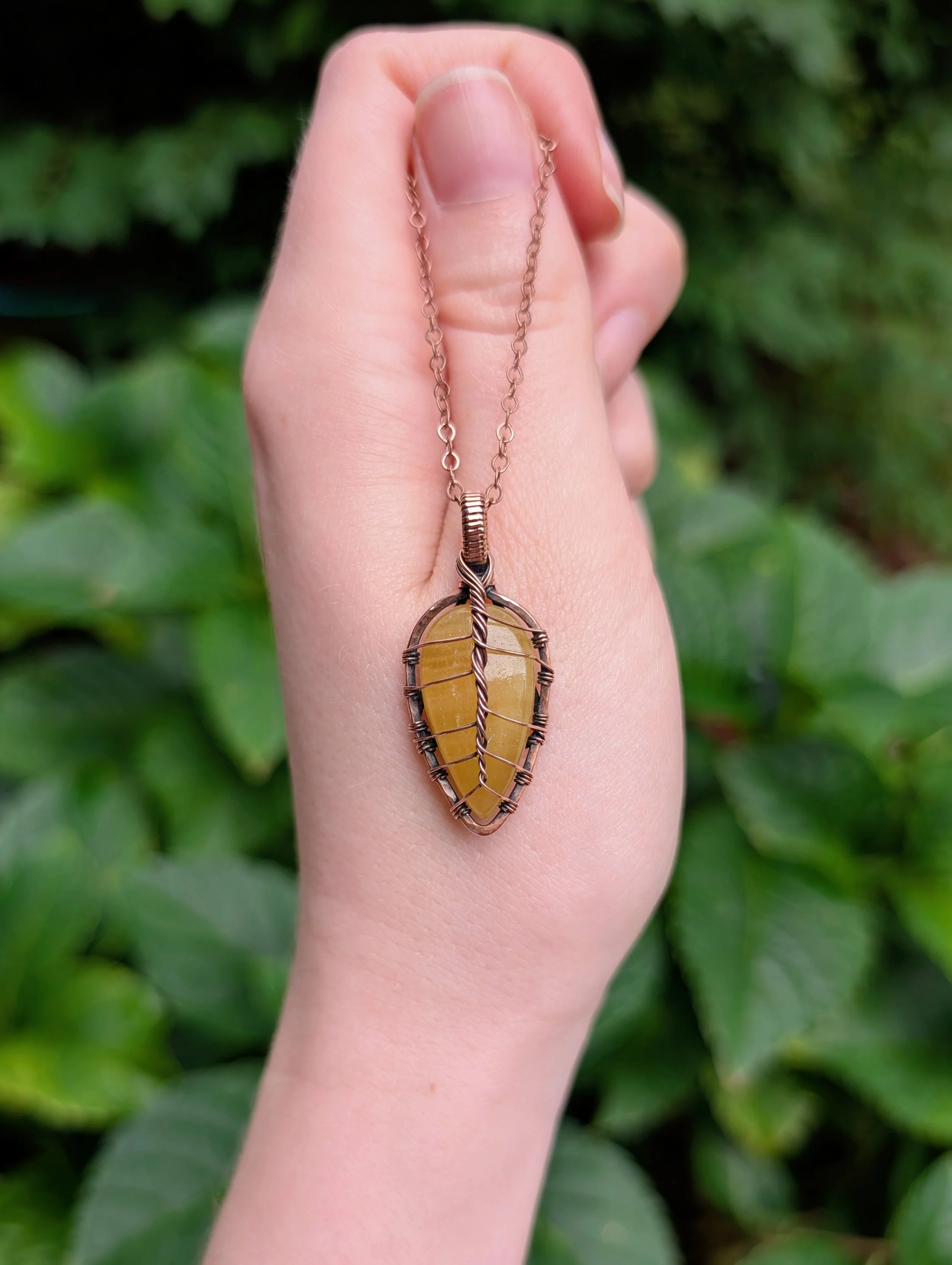 Autumn Leaf Necklace with Yellow Aragonite in Copper