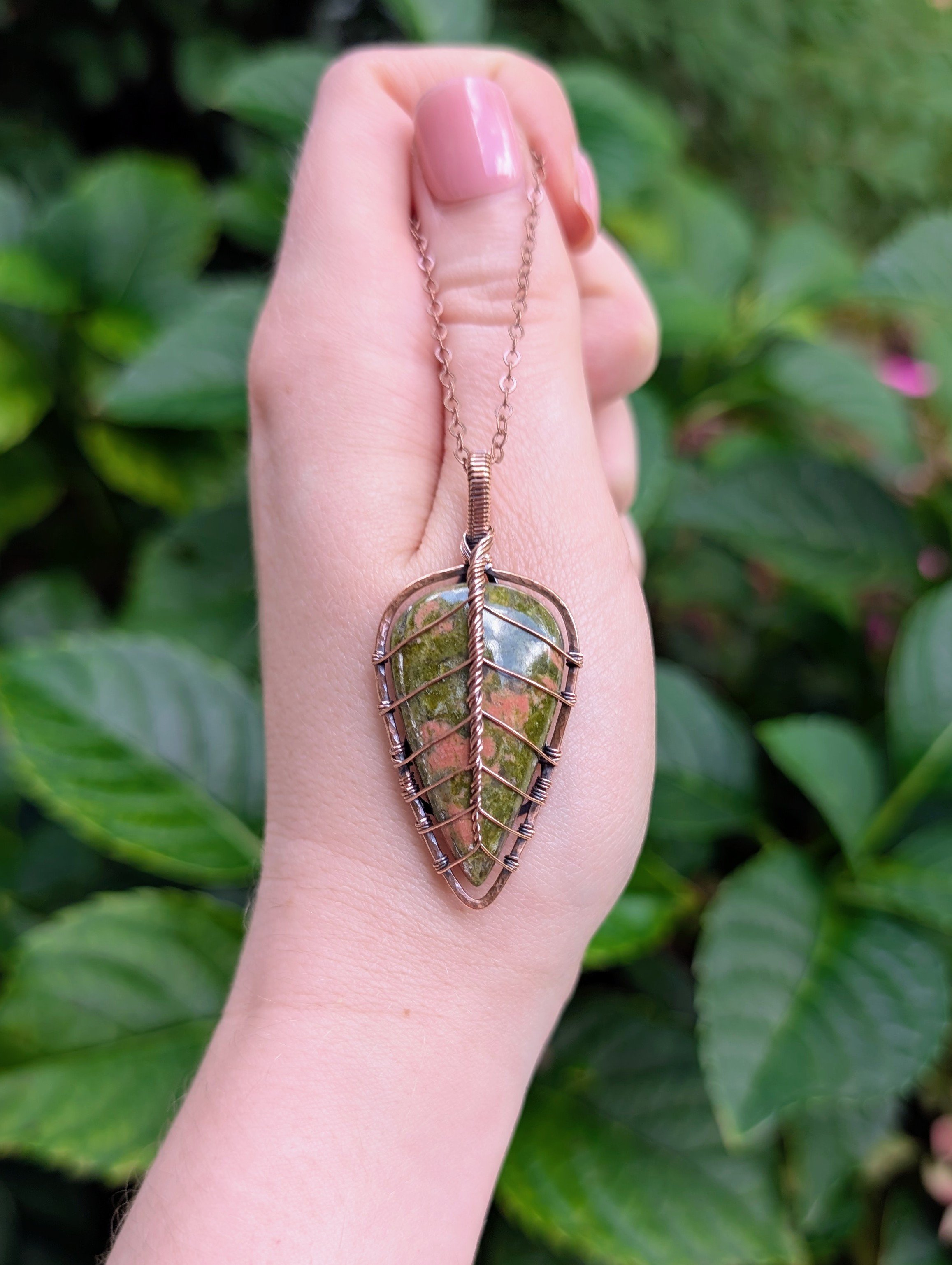 Autumn Leaf Necklace with Unakite in Copper
