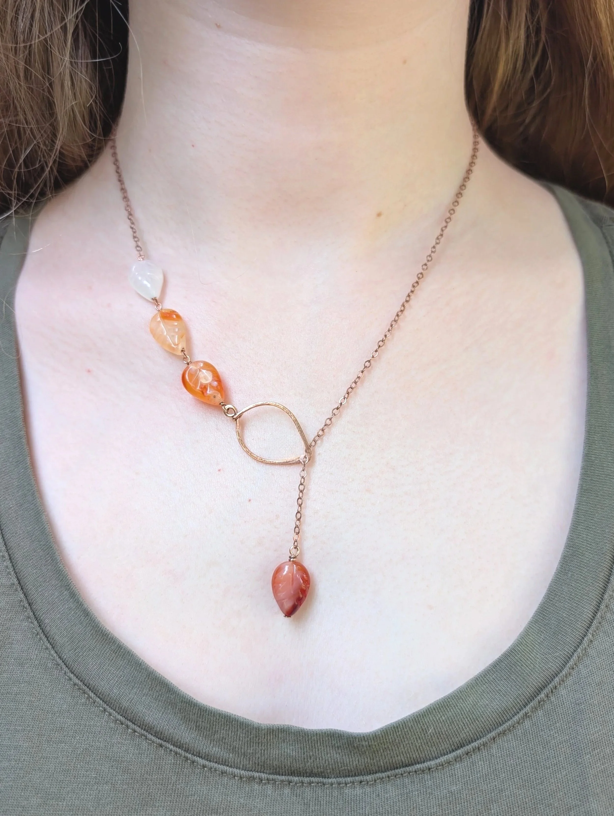 Cascading Leaves Lariat Necklace | Carnelian in Copper