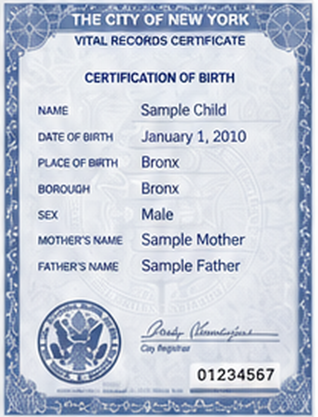 Illustrative sample of a New York City birth certificate