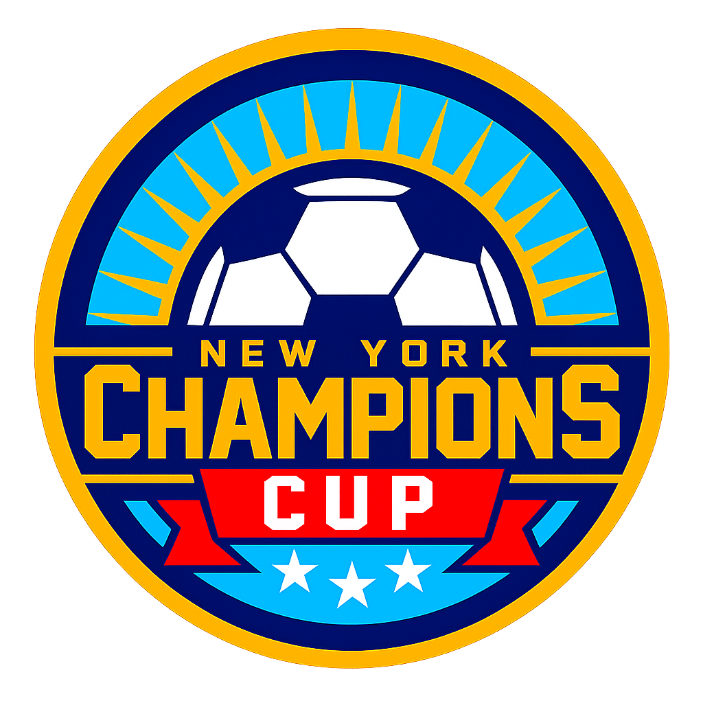 Logo for the New York Champions Cup featuring a soccer ball and a red banner with white text.