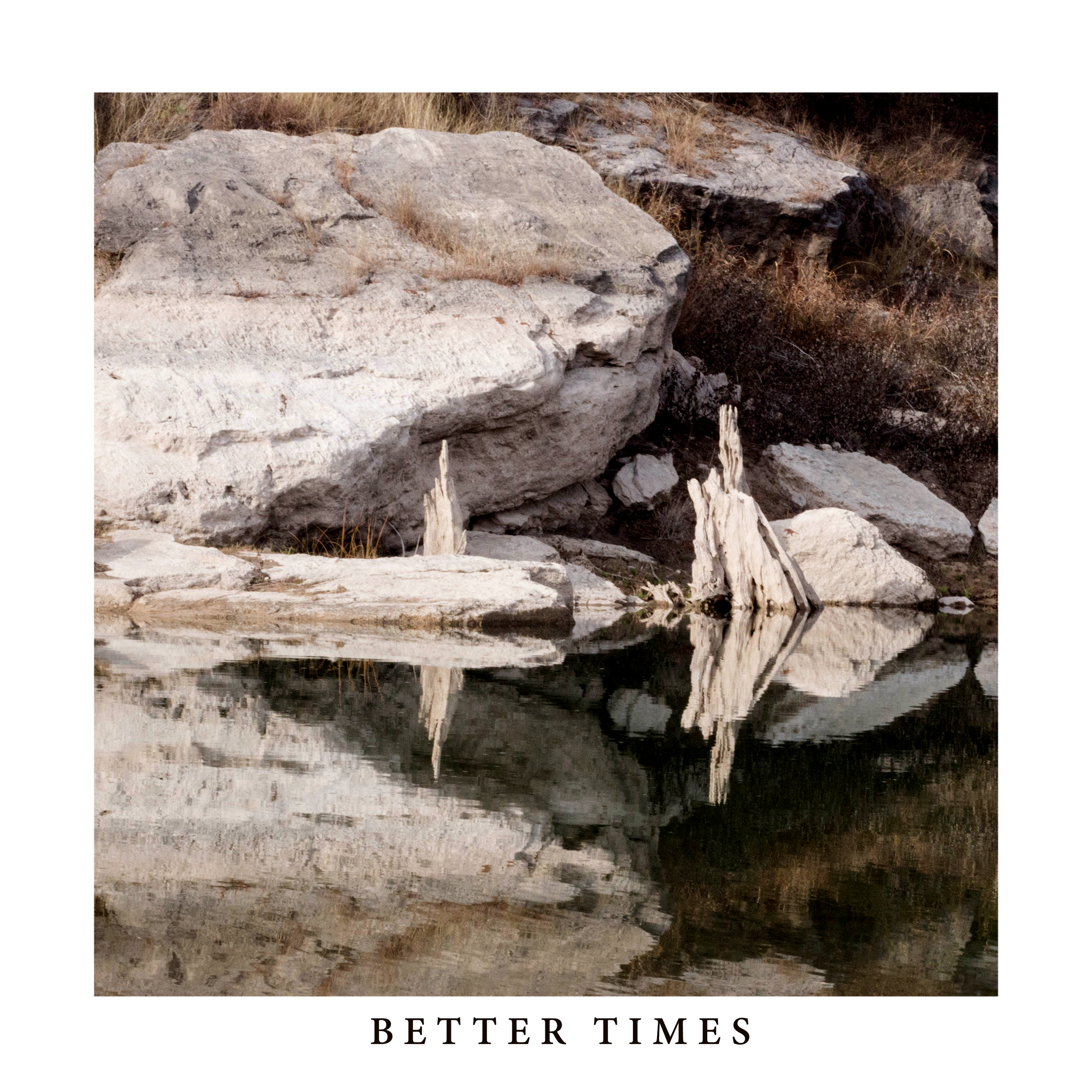 A calm water body with rocks and dry grass along the shoreline, reflecting large boulders and tree remnants on the surface, with the words 'BETTER TIMES' at the bottom.